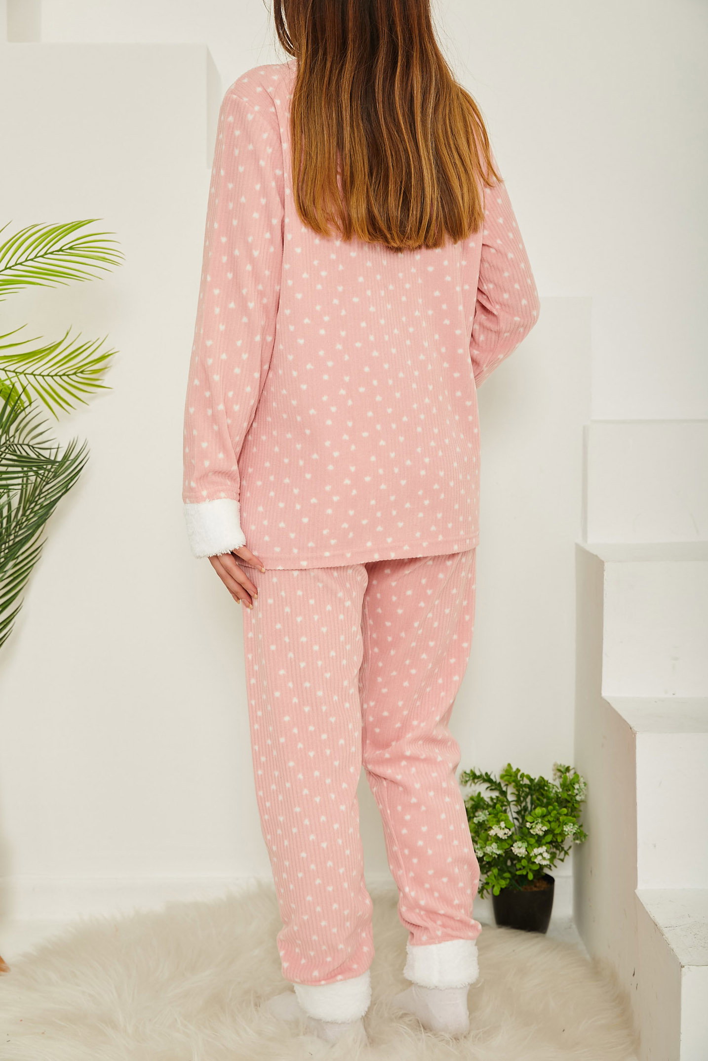 Nakışlı Peluş Polar Pijama Takım Pudra - 26780 - 5