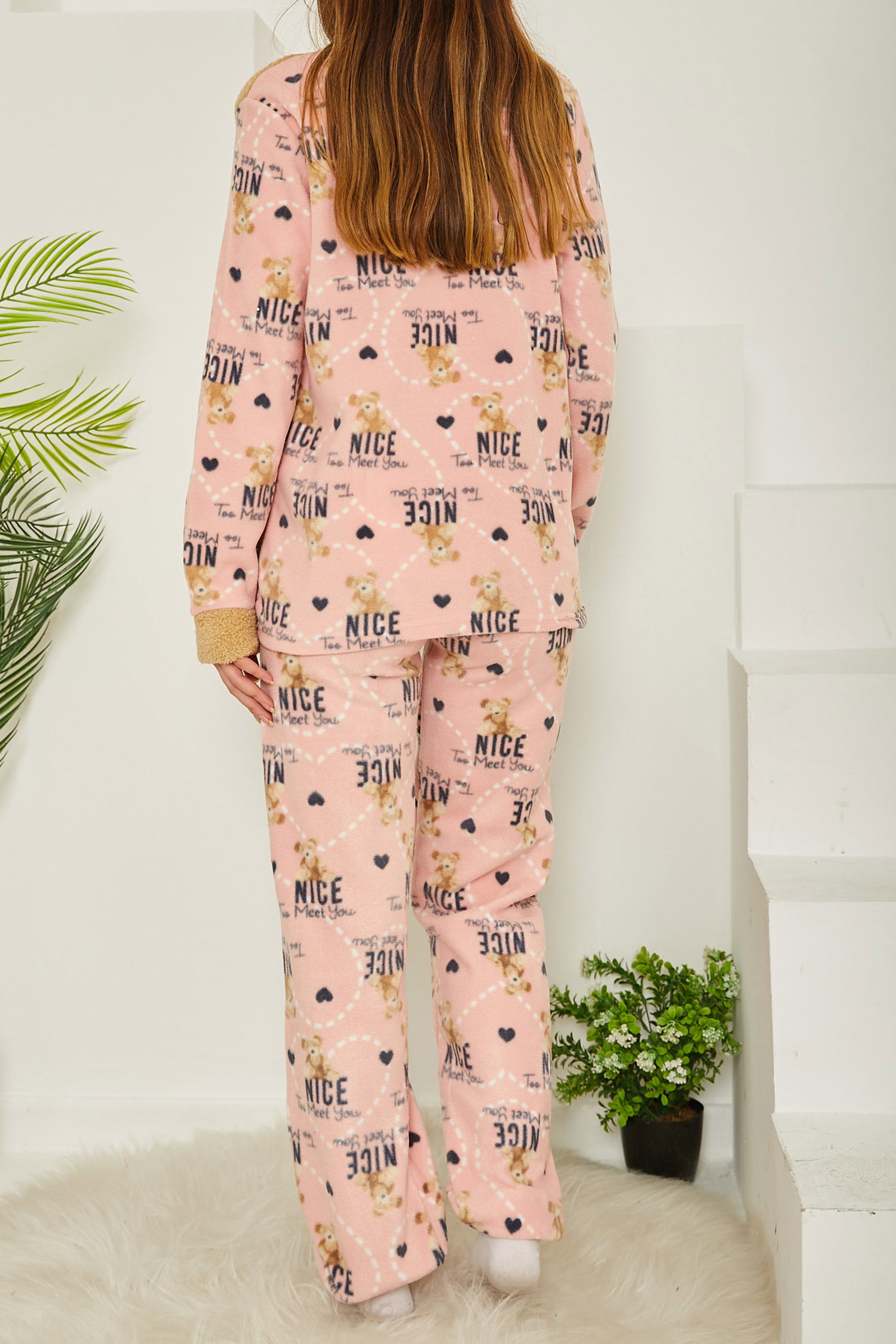 Nakışlı Peluş Polar Pijama Takım Vizon - 26777 - 5