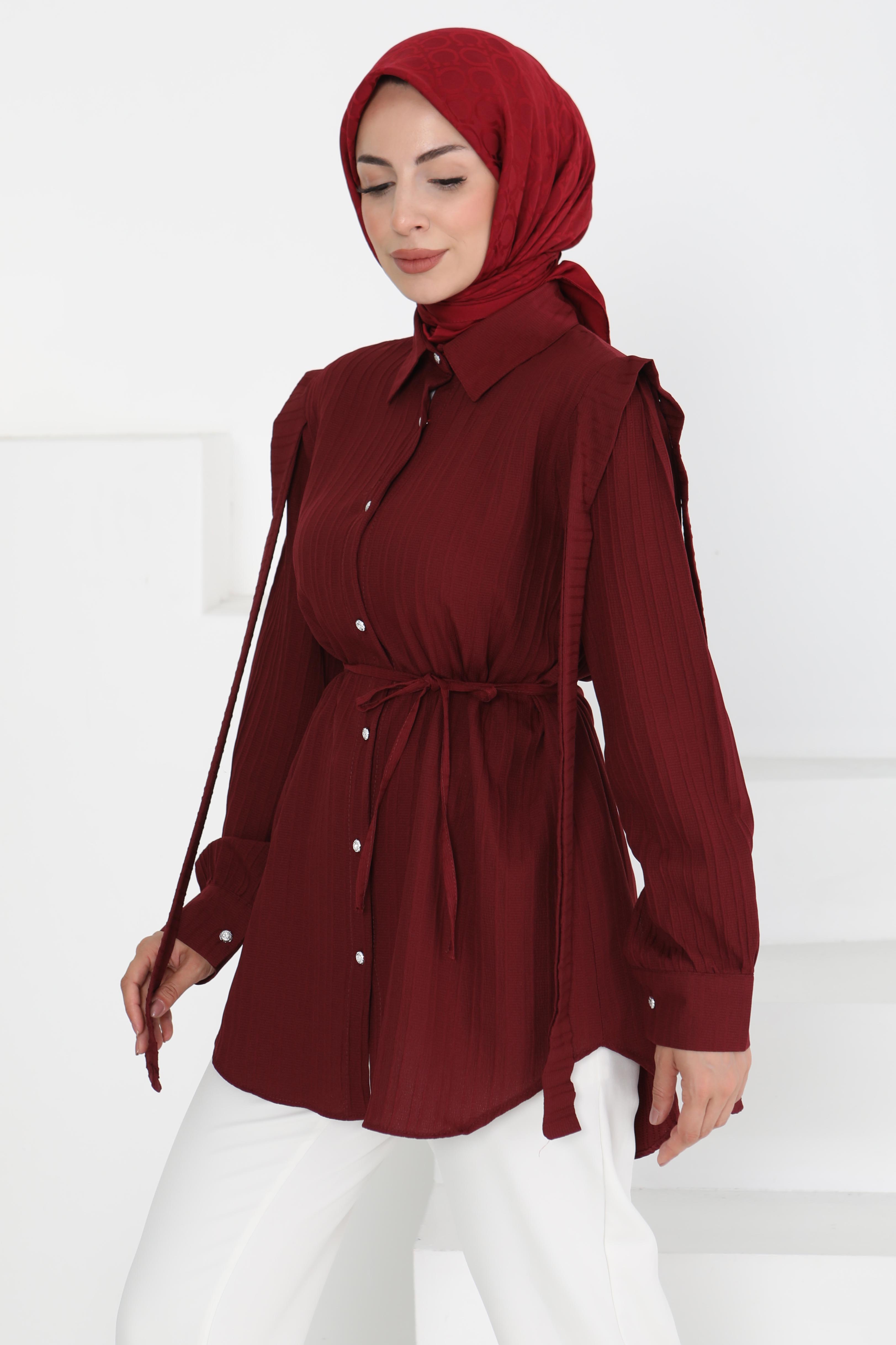 Omuz Bağlama Detaylı Tunik Bordo - 27195 - 3