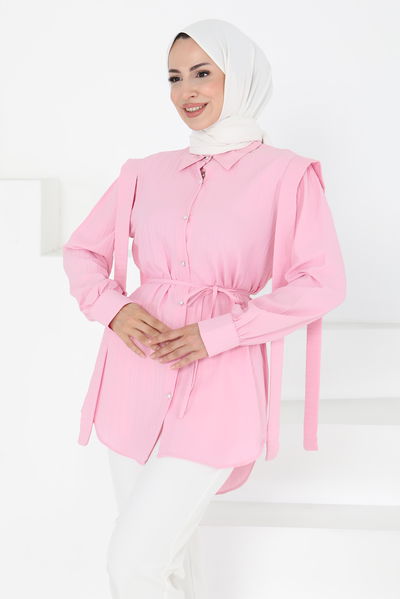 Omuz Bağlama Detaylı Tunik Pembe - 27195 