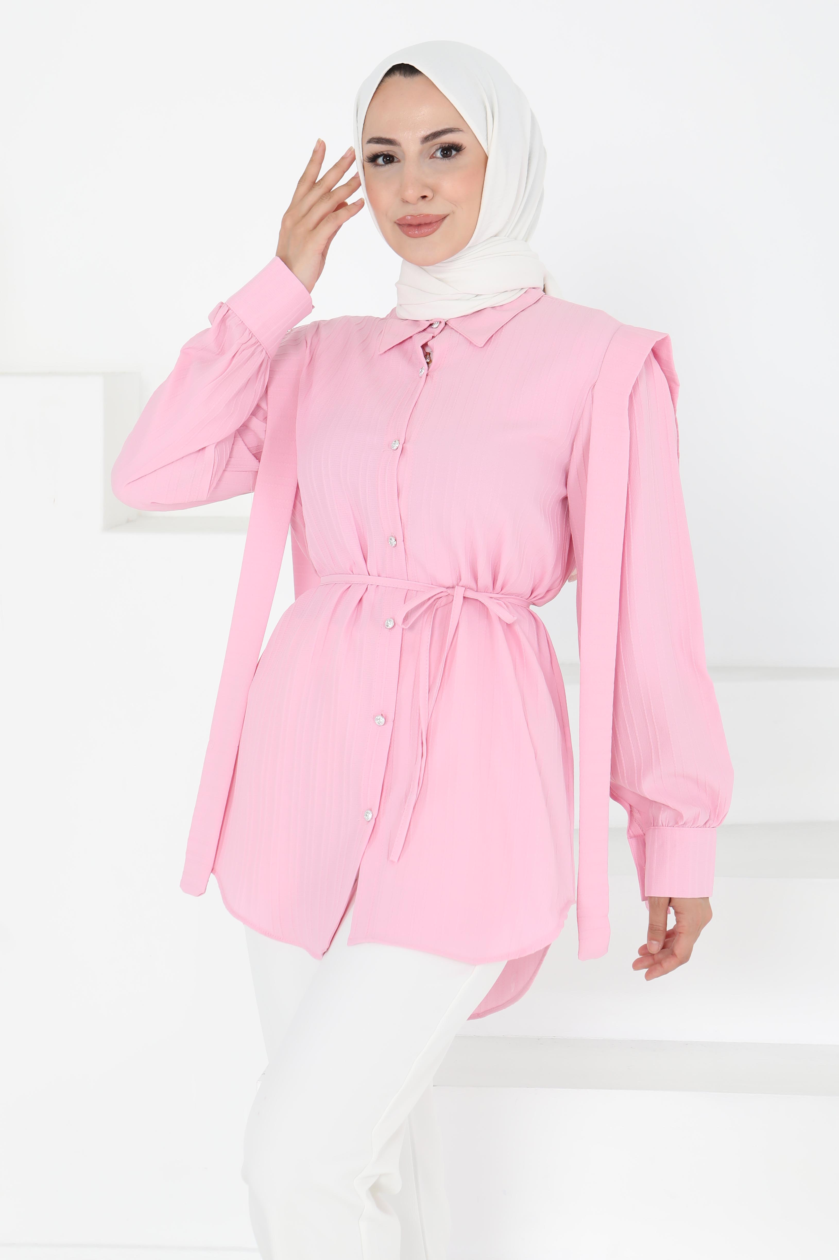 Omuz Bağlama Detaylı Tunik Pembe - 27195 - 2