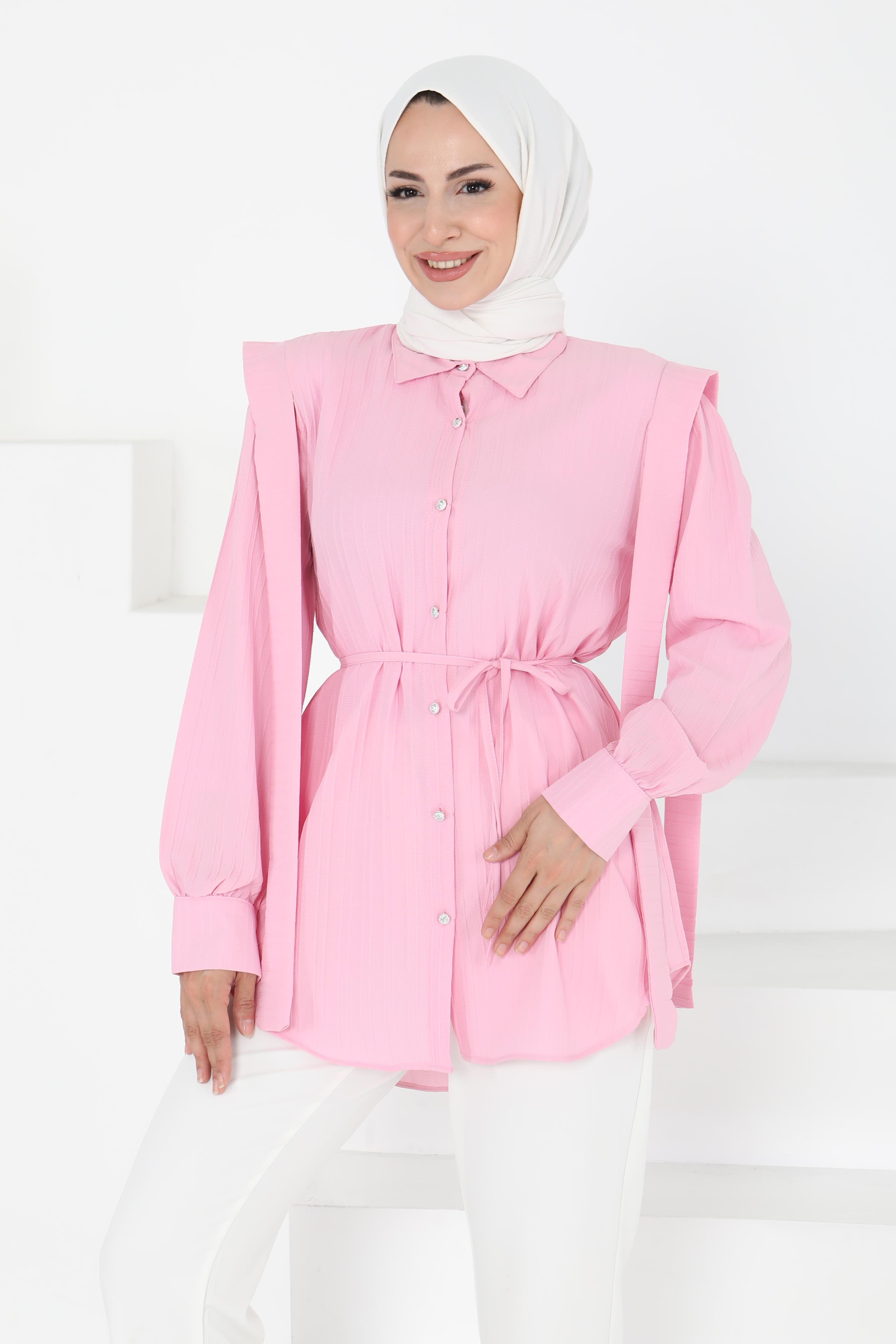 Omuz Bağlama Detaylı Tunik Pembe - 27195 - 3