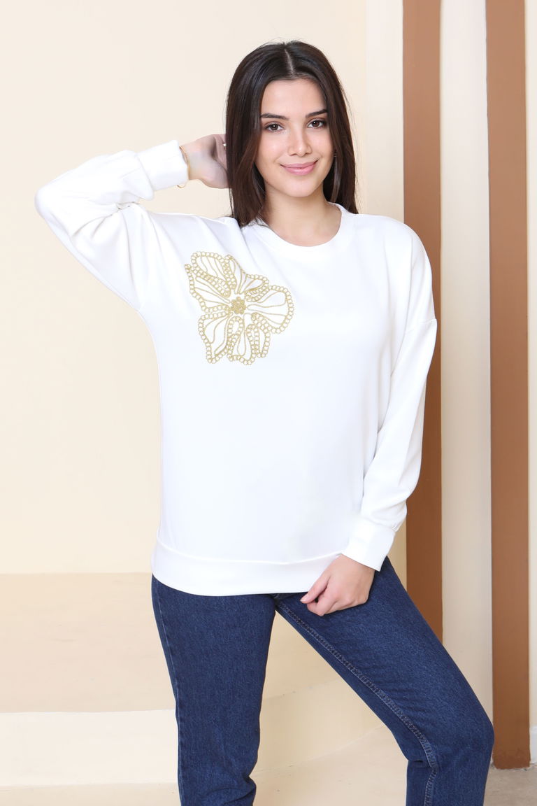 Omuz Çiçek Nakışlı Modal Sweatshirt - 27883-BEYAZ - TOFİSA