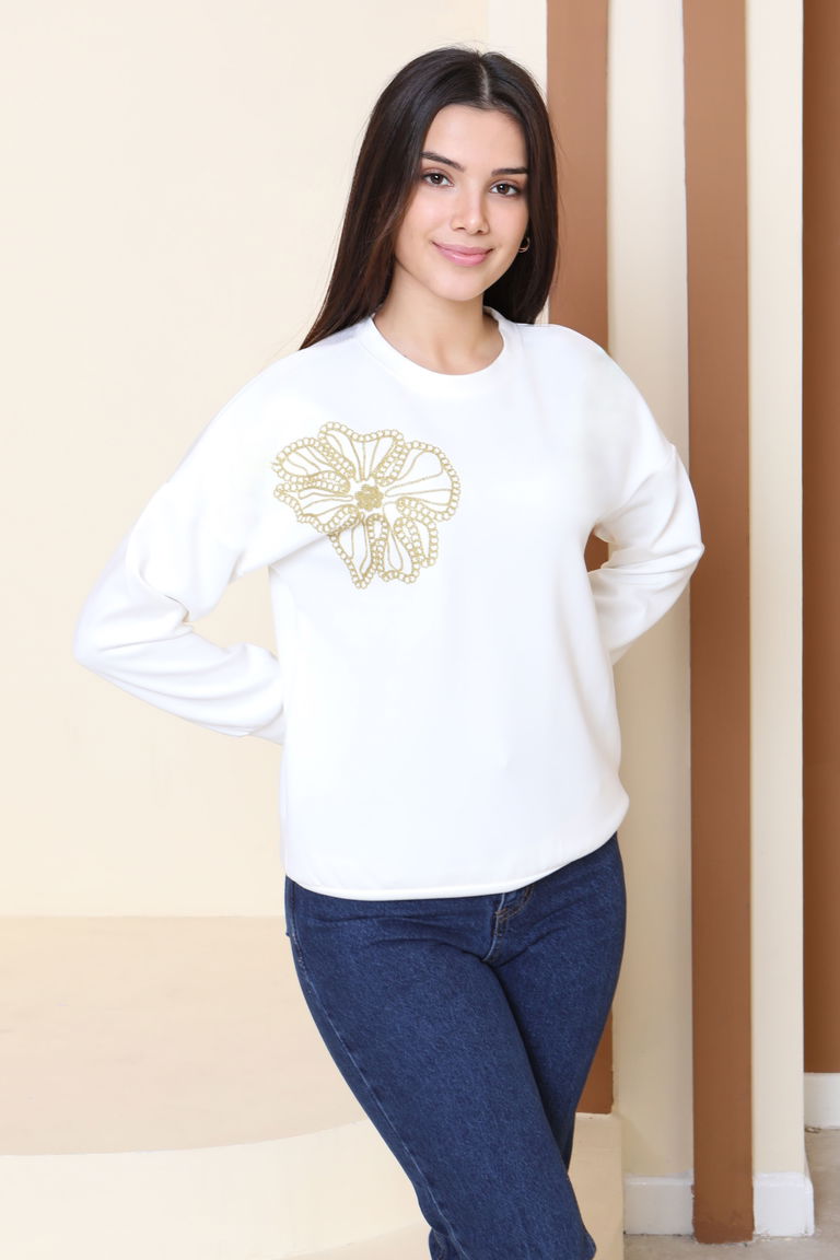 Omuz Çiçek Nakışlı Modal Sweatshirt - 27883-BEYAZ - TOFİSA