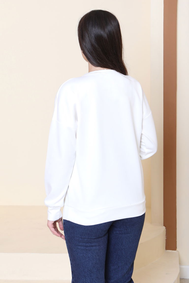 Omuz Çiçek Nakışlı Modal Sweatshirt - 27883-BEYAZ - TOFİSA