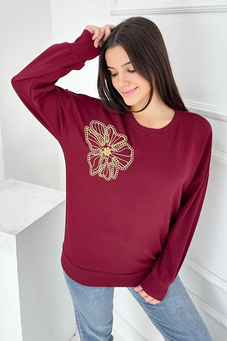 Omuz Çiçek Nakışlı Modal Sweatshirt - 27883-BORDO - TOFİSA