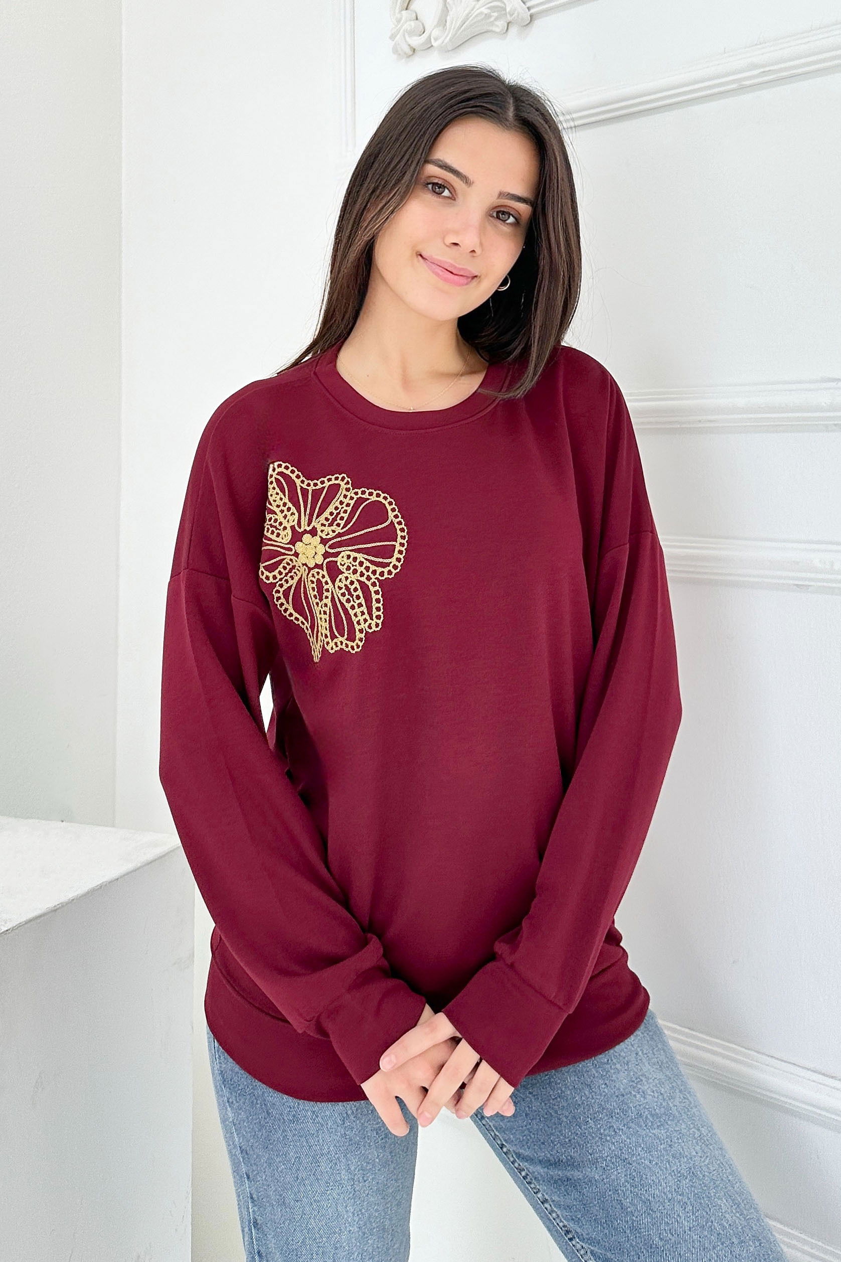 Omuz Çiçek Nakışlı Modal Sweatshirt - 27883-BORDO - 4