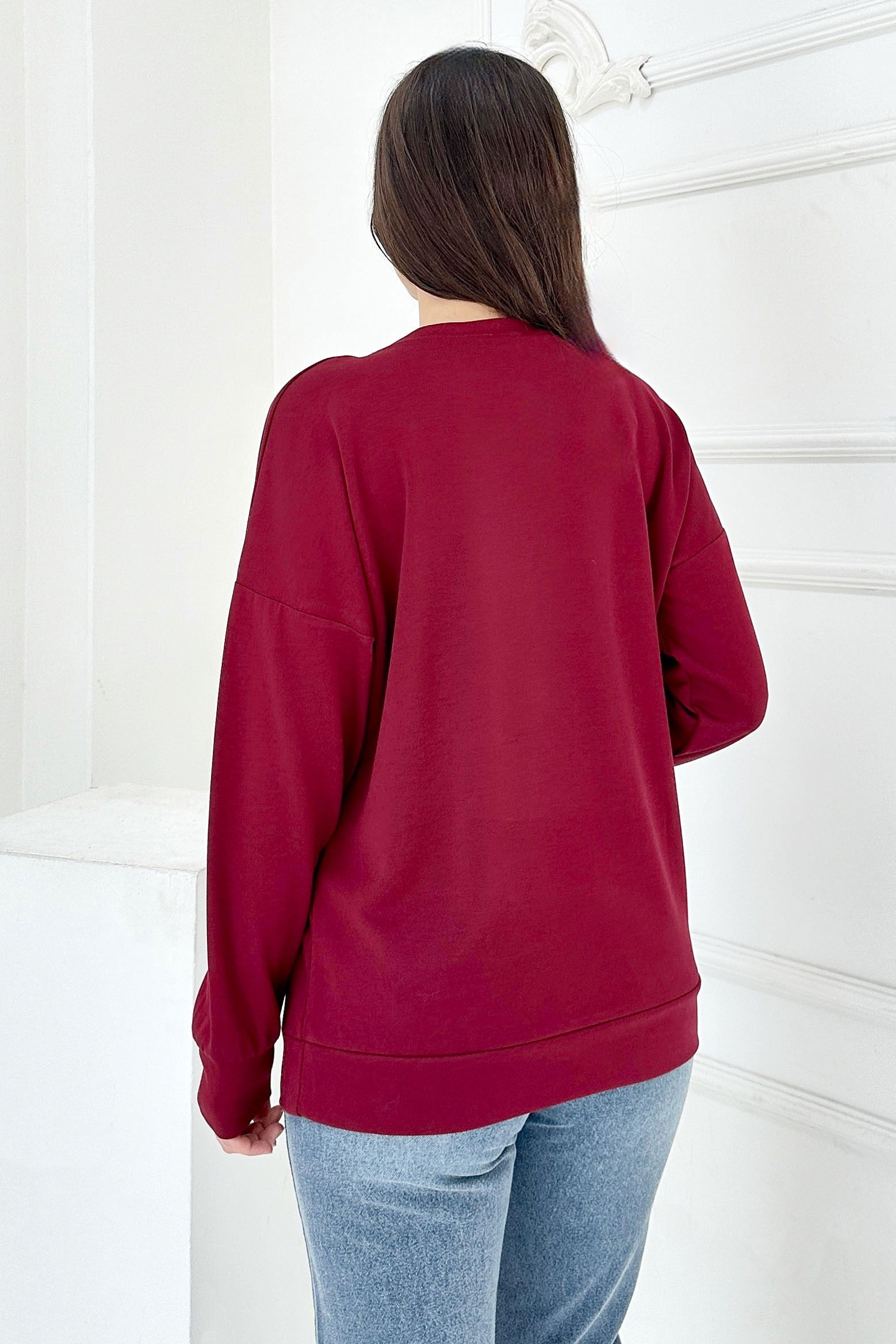Omuz Çiçek Nakışlı Modal Sweatshirt - 27883-BORDO - 5