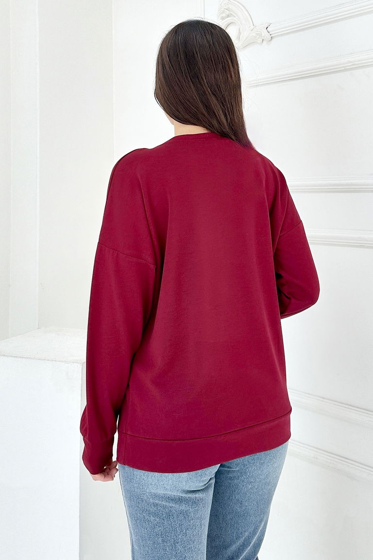 Omuz Çiçek Nakışlı Modal Sweatshirt - 27883-BORDO - TOFİSA