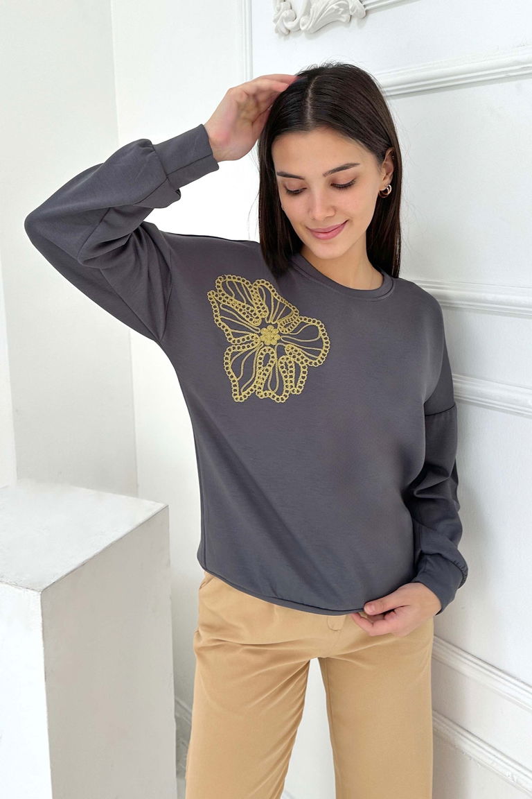 Omuz Çiçek Nakışlı Modal Sweatshirt - 27883-FUME - TOFİSA