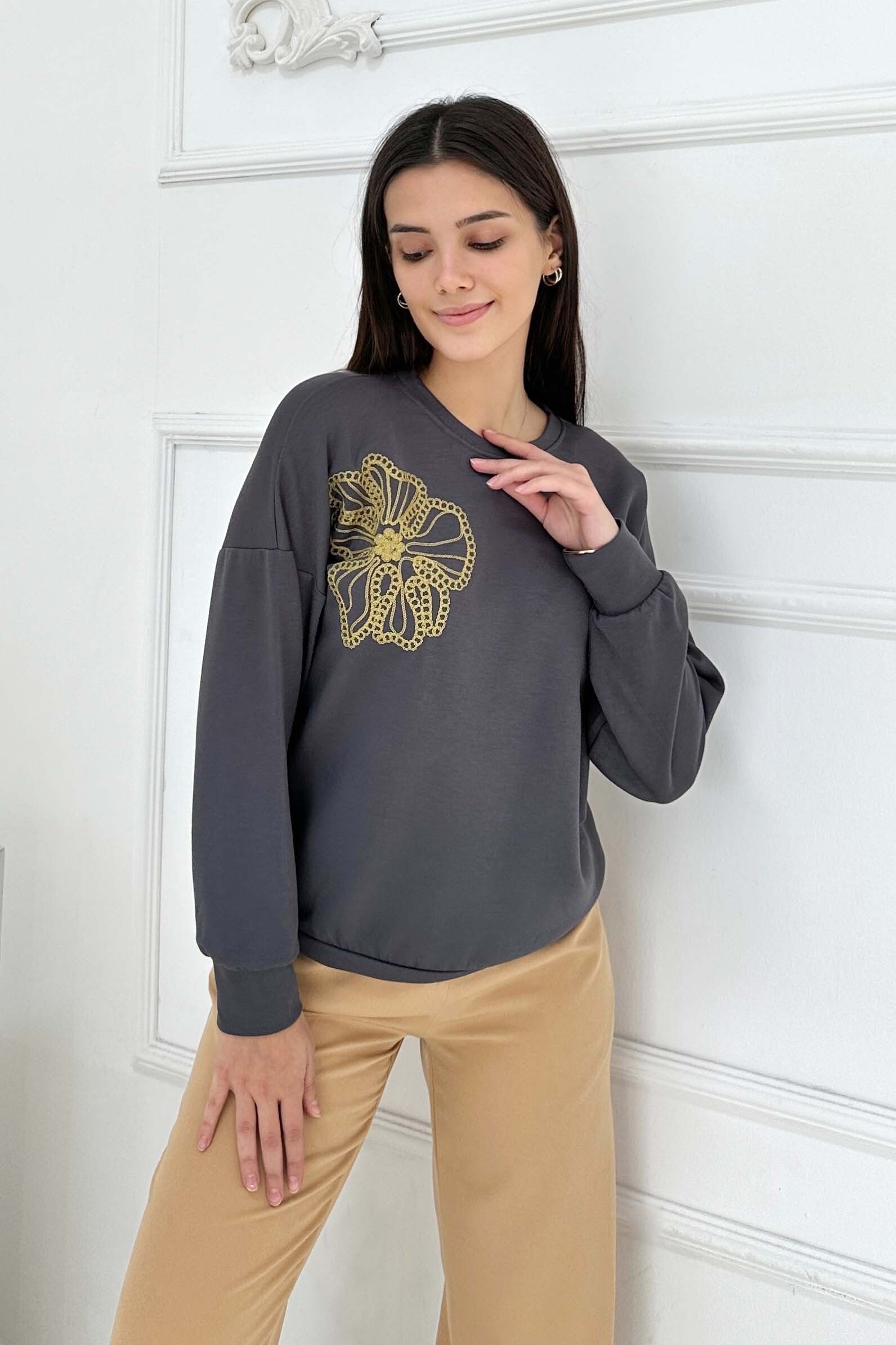 Omuz Çiçek Nakışlı Modal Sweatshirt - 27883-FUME - 2
