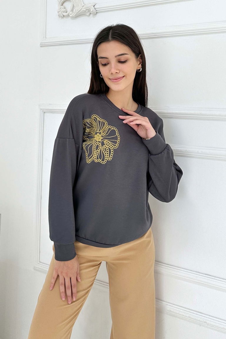 Omuz Çiçek Nakışlı Modal Sweatshirt - 27883-FUME - TOFİSA