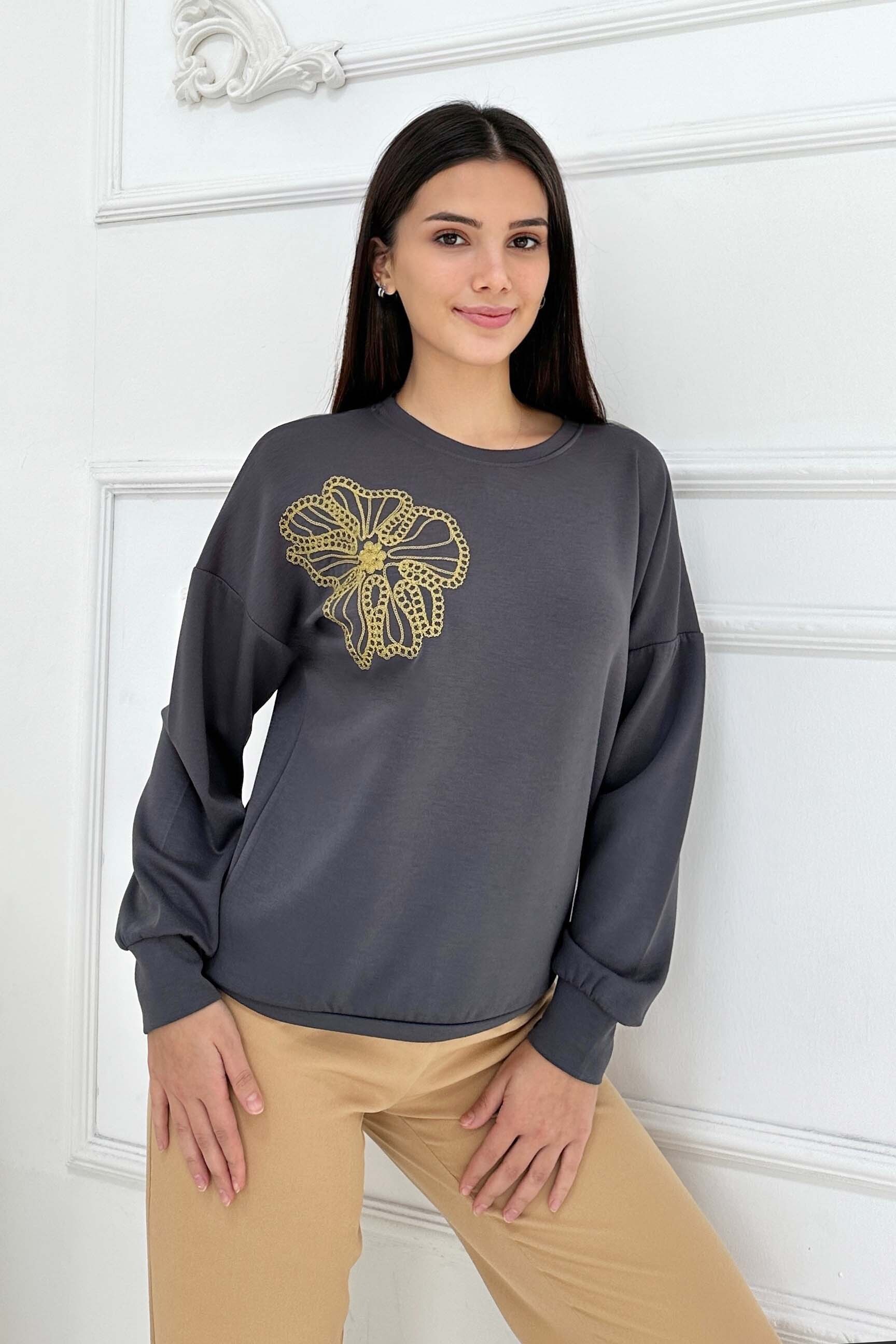 Omuz Çiçek Nakışlı Modal Sweatshirt - 27883-FUME - 3
