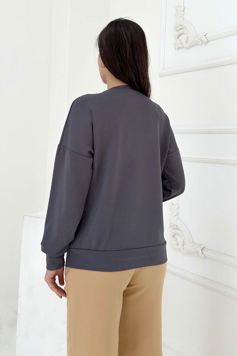 Omuz Çiçek Nakışlı Modal Sweatshirt - 27883-FUME - TOFİSA