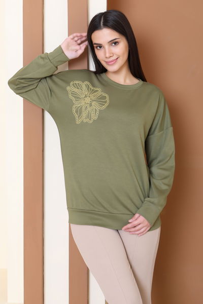 Omuz Çiçek Nakışlı Modal Sweatshirt - 27883-HAKI 