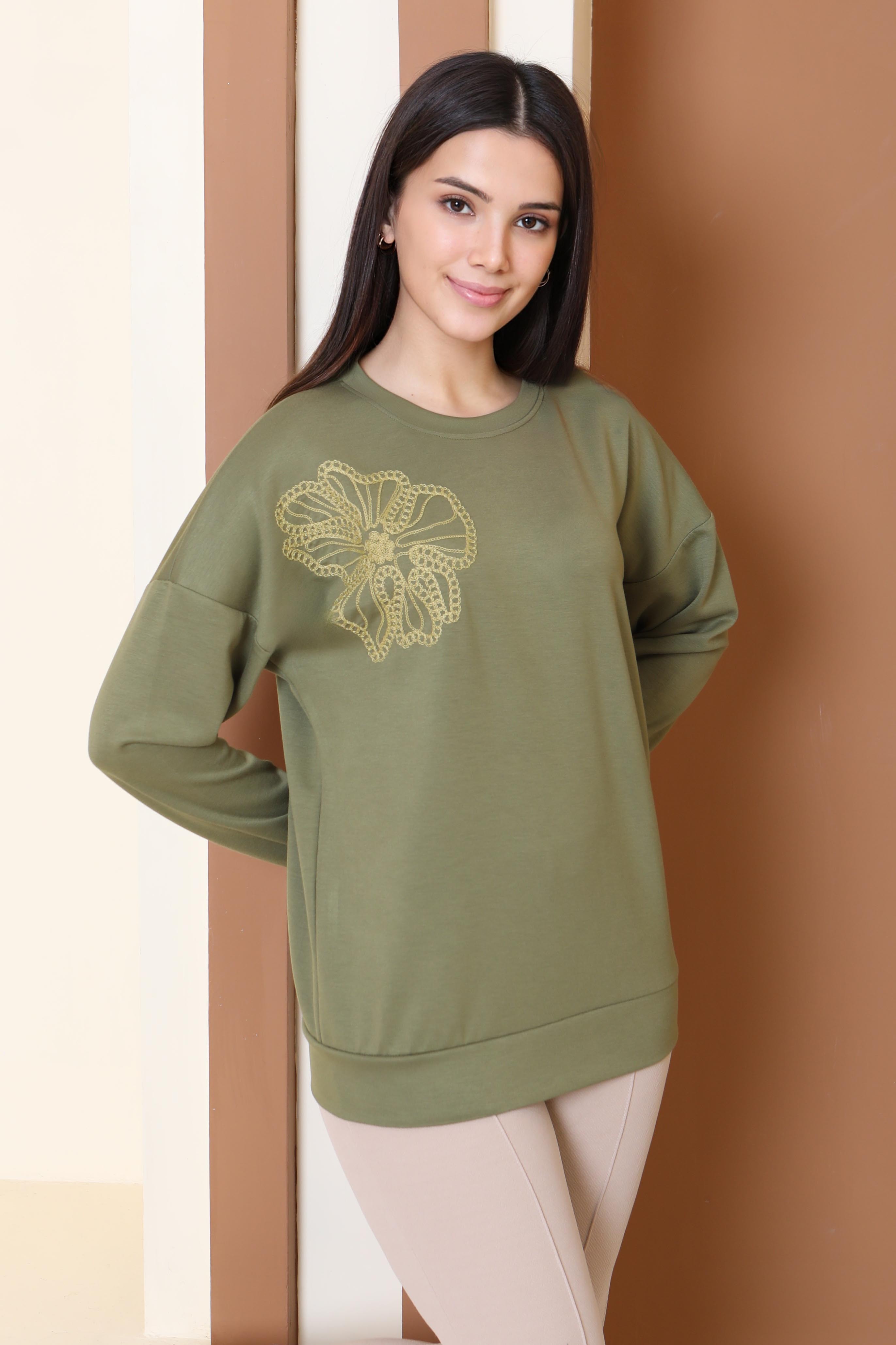 Omuz Çiçek Nakışlı Modal Sweatshirt - 27883-HAKI - 2