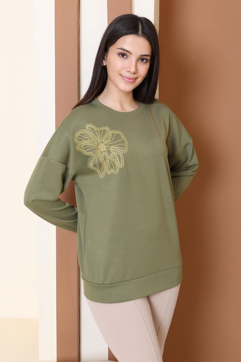 Omuz Çiçek Nakışlı Modal Sweatshirt - 27883-HAKI - TOFİSA