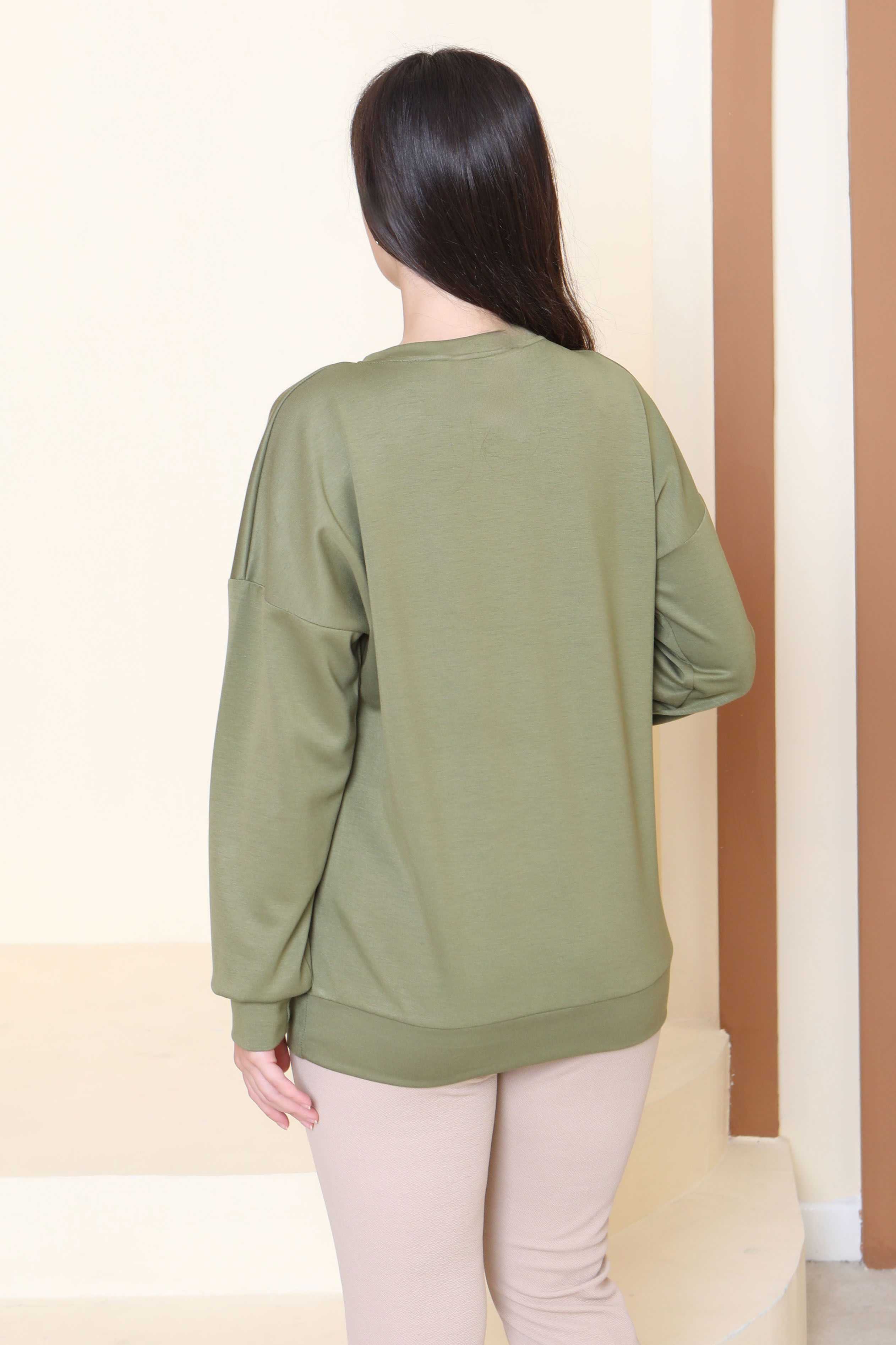 Omuz Çiçek Nakışlı Modal Sweatshirt - 27883-HAKI - 4