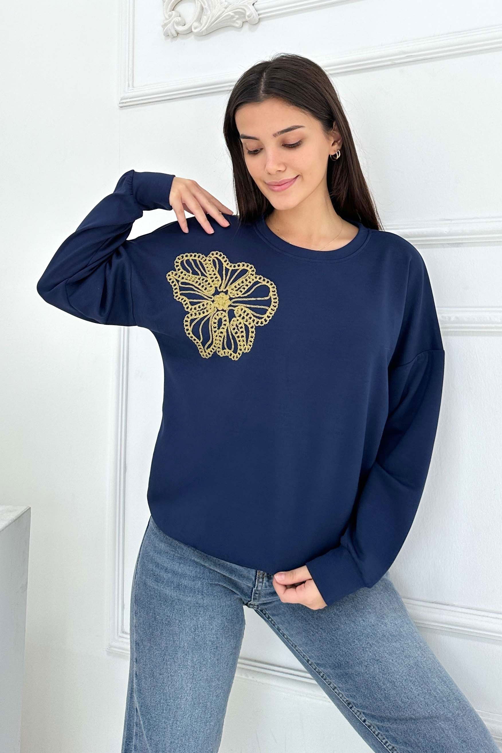 Omuz Çiçek Nakışlı Modal Sweatshirt - 27883-LACIVERT - 2