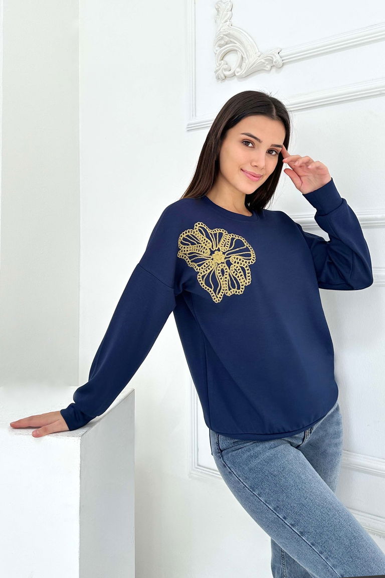 Omuz Çiçek Nakışlı Modal Sweatshirt - 27883-LACIVERT - TOFİSA