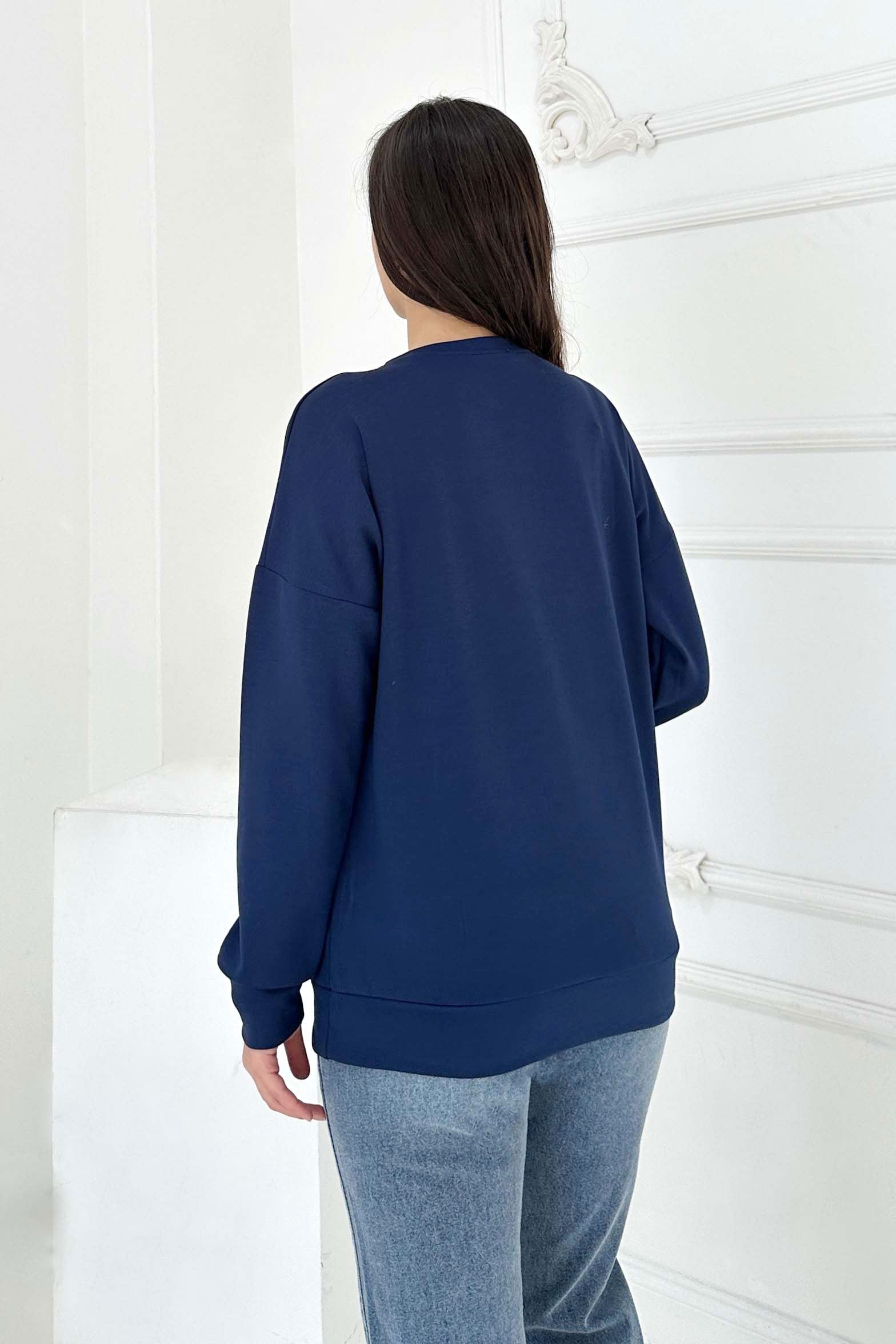 Omuz Çiçek Nakışlı Modal Sweatshirt - 27883-LACIVERT - 4