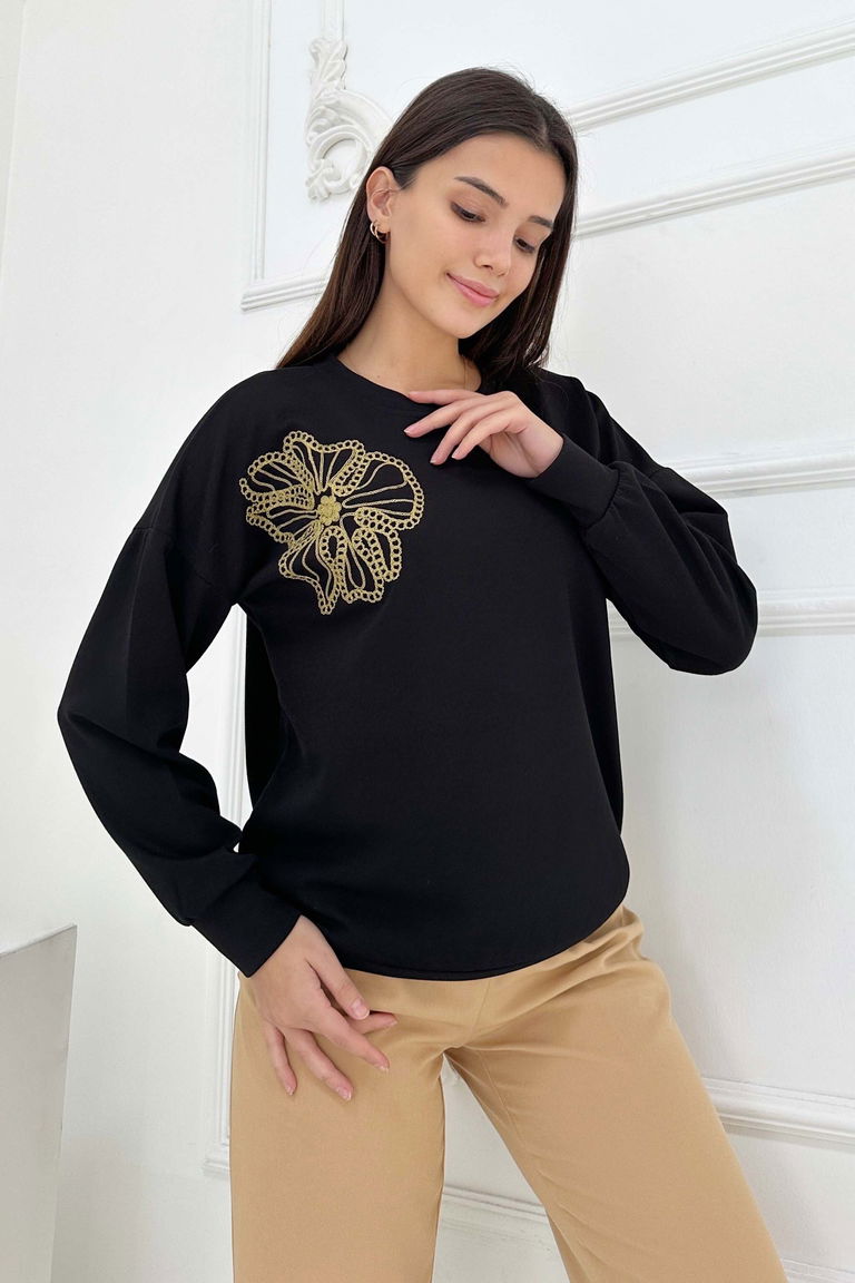 Omuz Çiçek Nakışlı Modal Sweatshirt - 27883-SIYAH - TOFİSA
