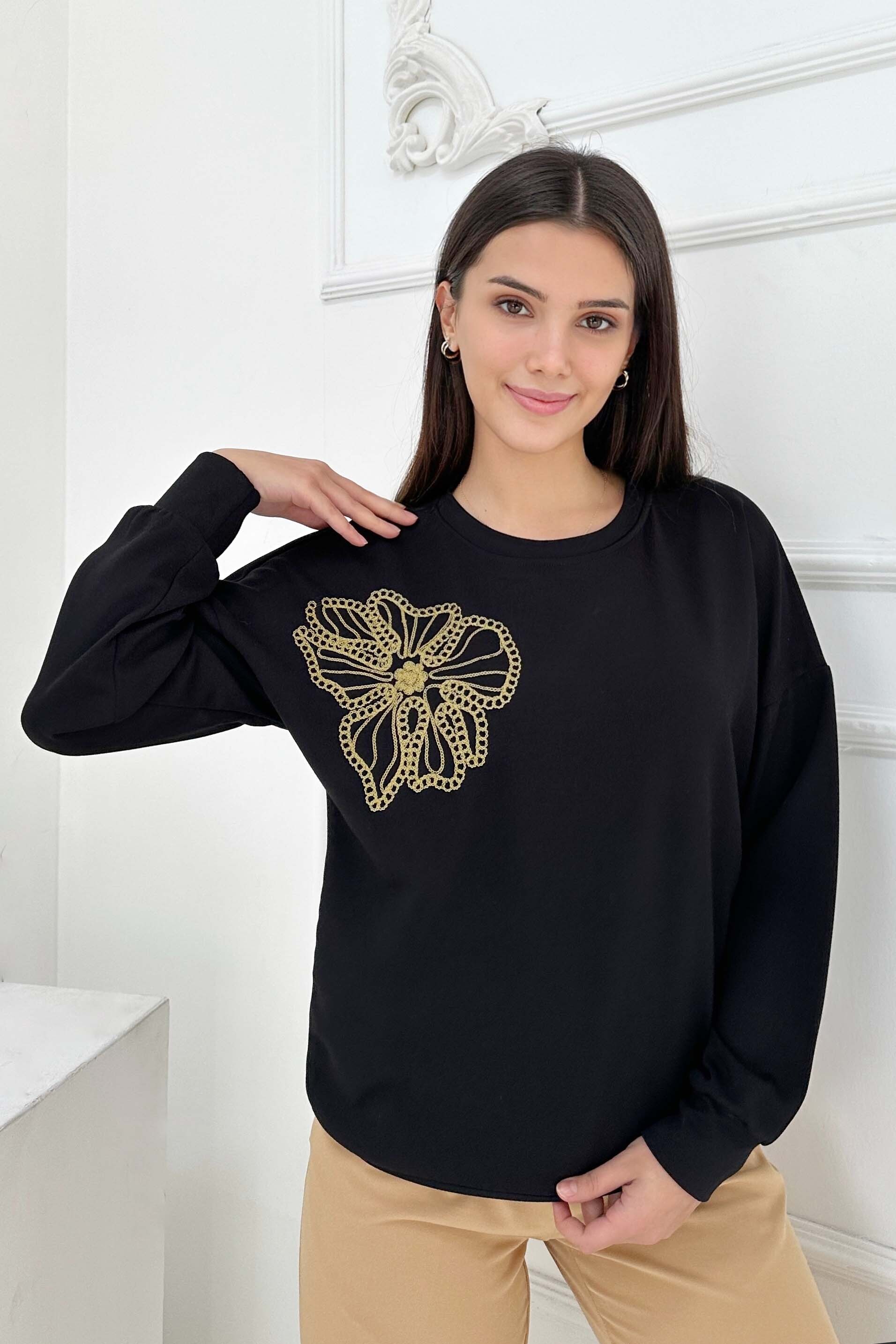 Omuz Çiçek Nakışlı Modal Sweatshirt - 27883-SIYAH - 2
