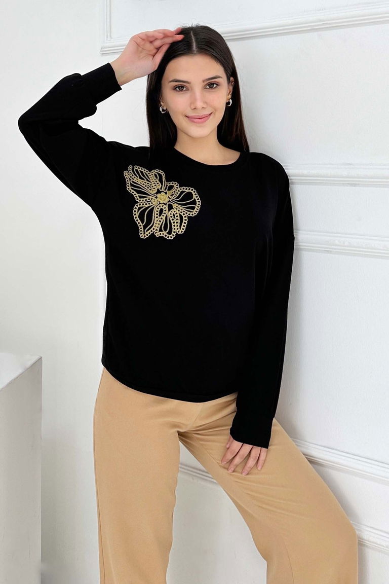 Omuz Çiçek Nakışlı Modal Sweatshirt - 27883-SIYAH - TOFİSA