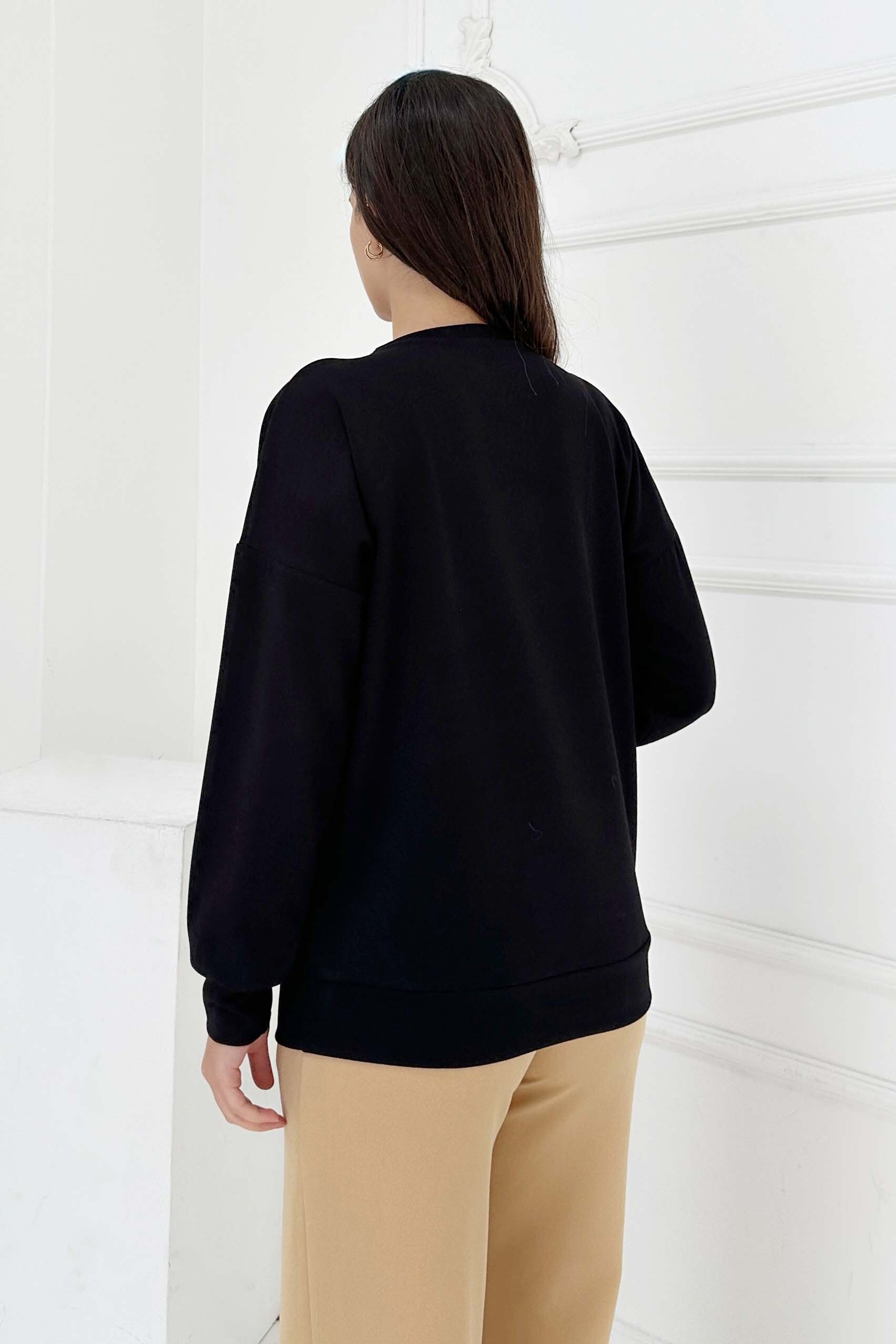 Omuz Çiçek Nakışlı Modal Sweatshirt - 27883-SIYAH - 4