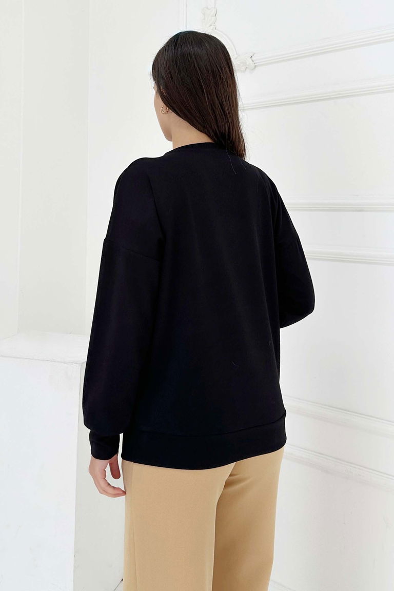 Omuz Çiçek Nakışlı Modal Sweatshirt - 27883-SIYAH - TOFİSA