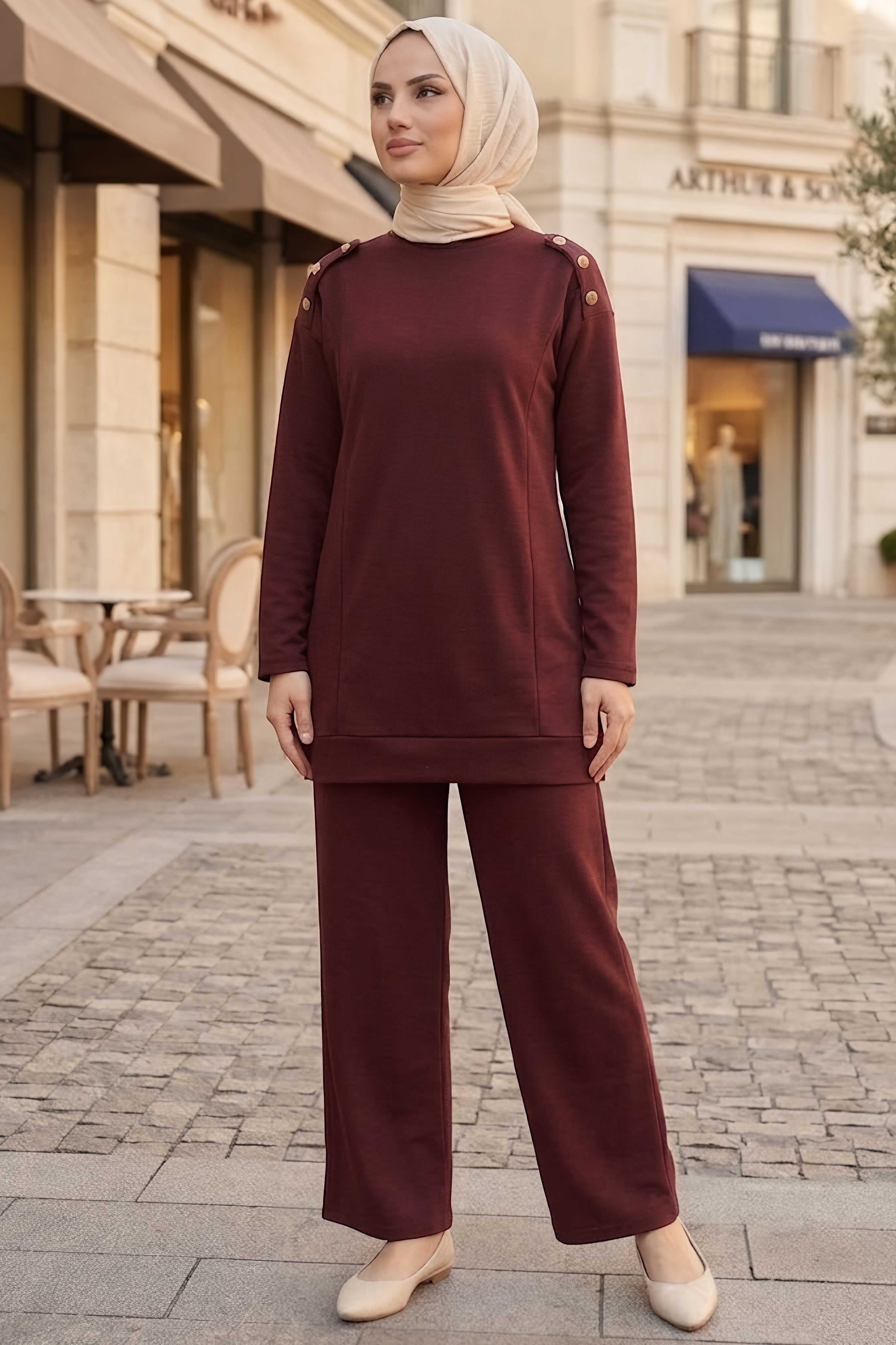 Omuzlar Düğmeli Oysh Modal İkili Takım Bordo - 1352-BORDO - 1
