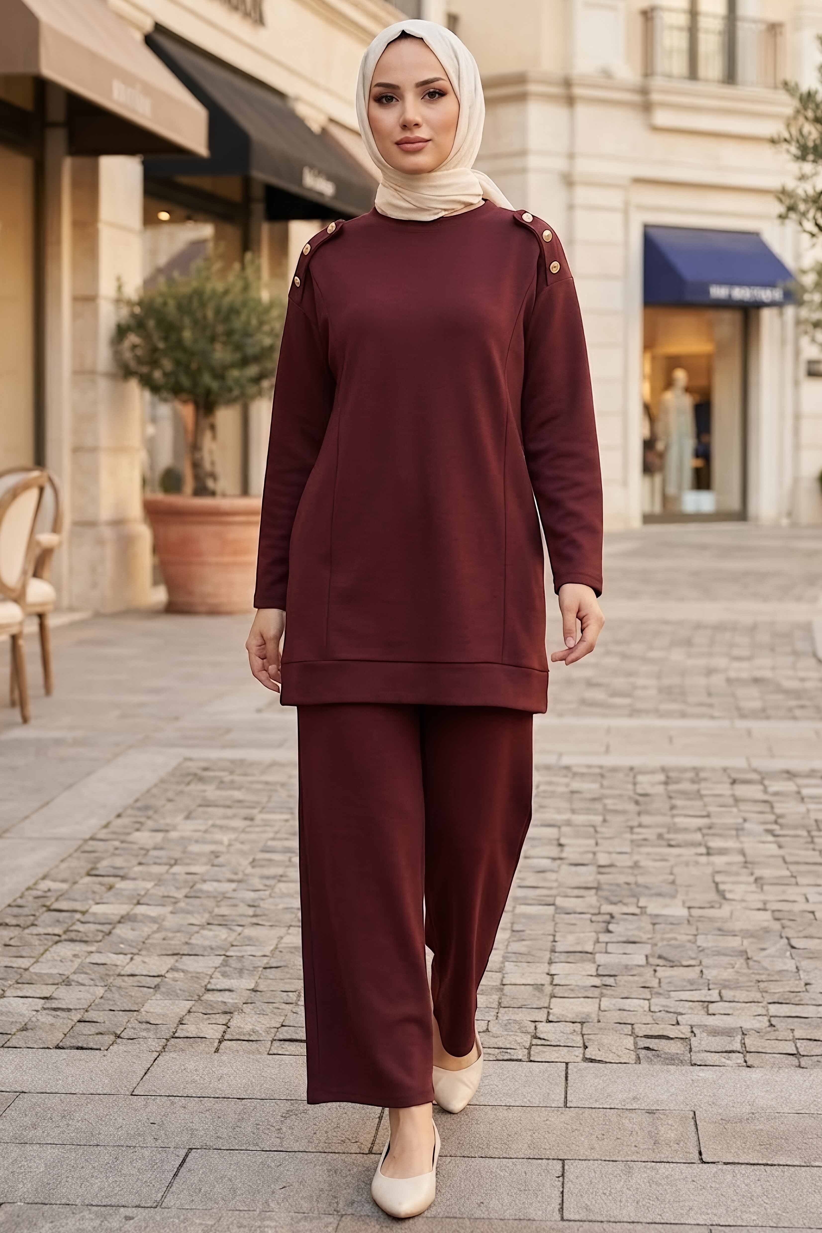 Omuzlar Düğmeli Oysh Modal İkili Takım Bordo - 1352-BORDO - 2