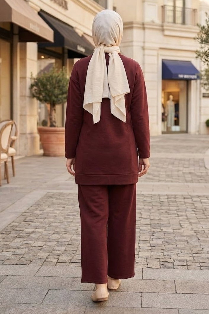 Omuzlar Düğmeli Oysh Modal İkili Takım Bordo - 1352-BORDO - 4
