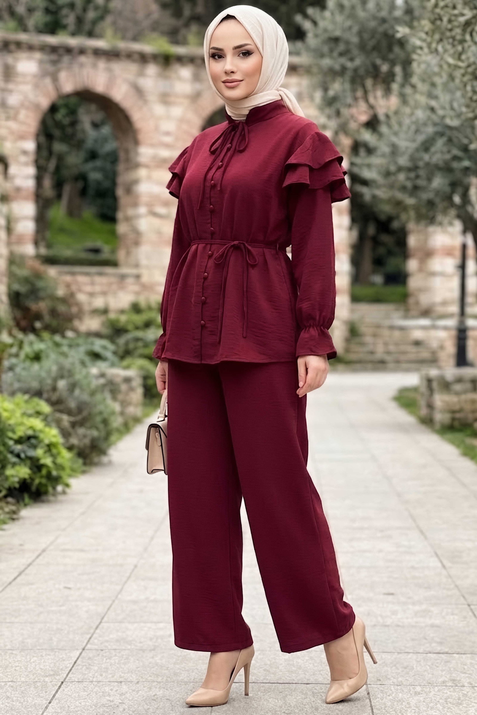 Omuzlar Fırfrlı Kupra Takım Bordo - 28978-BORDO - 1