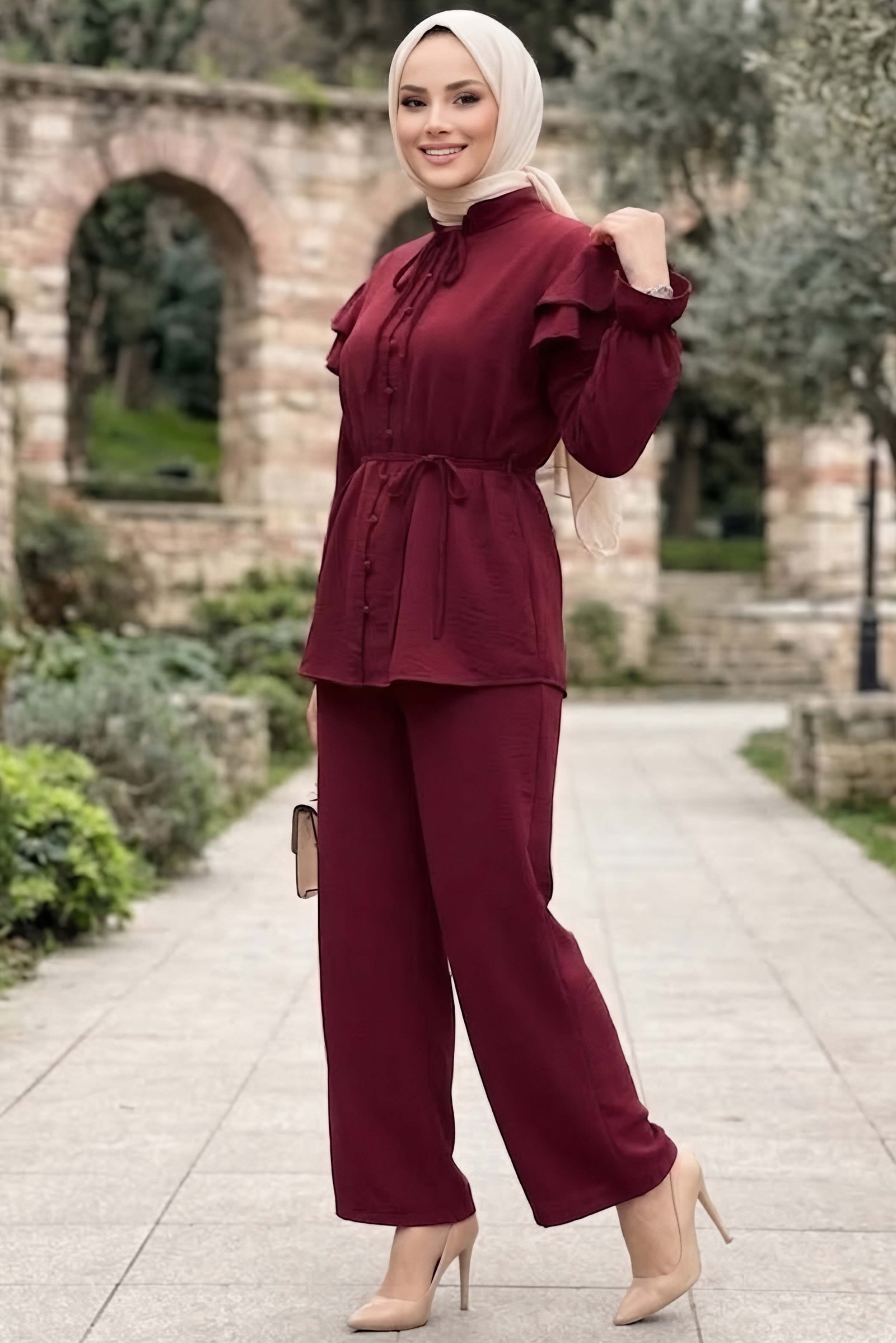 Omuzlar Fırfrlı Kupra Takım Bordo - 28978-BORDO - 2