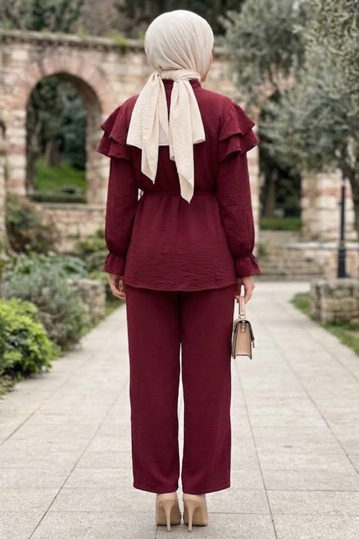 Omuzlar Fırfrlı Kupra Takım Bordo - 28978-BORDO - 3