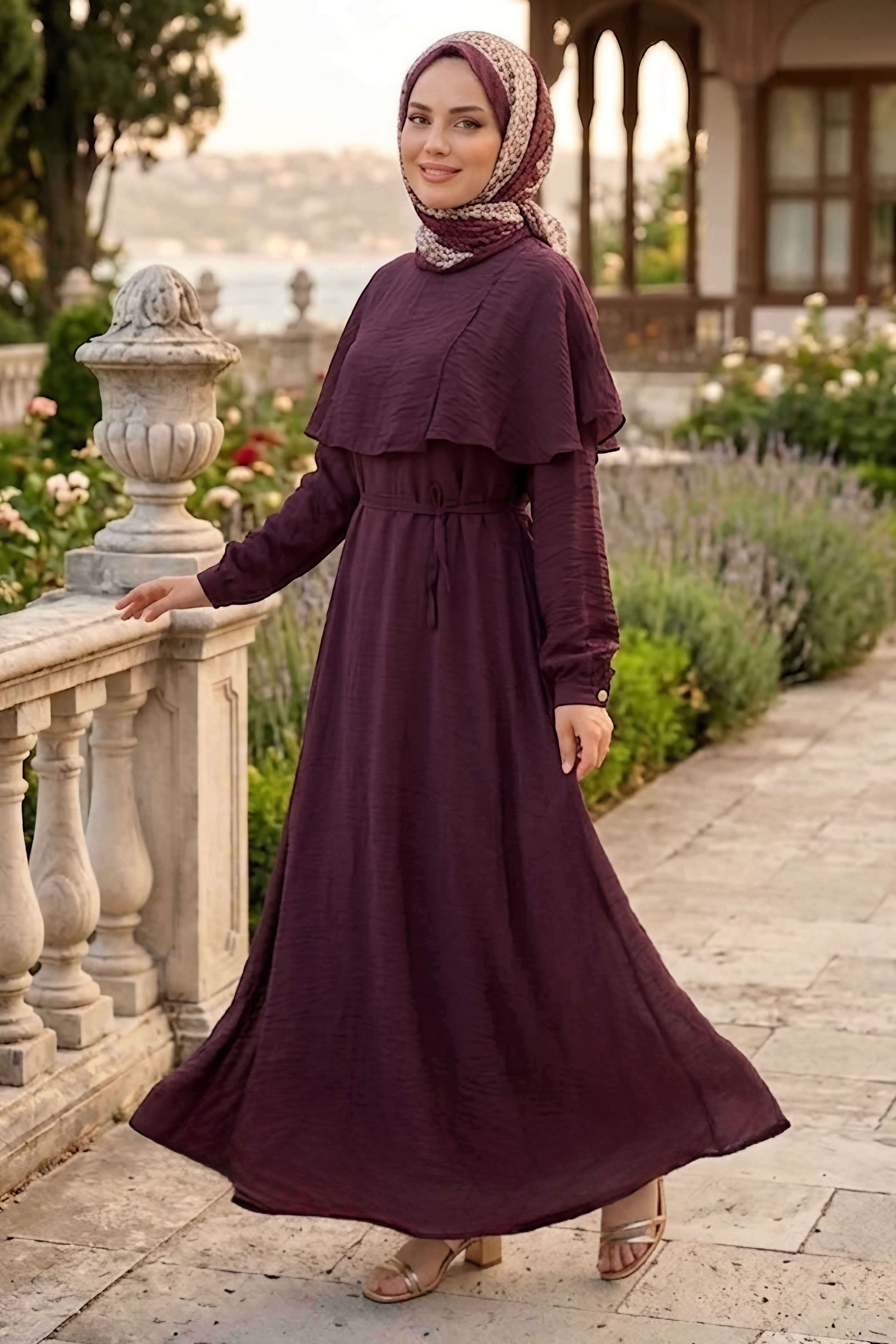 Omzu Pelerinli Elbise Mürdüm - 28525-MURDUM - 1