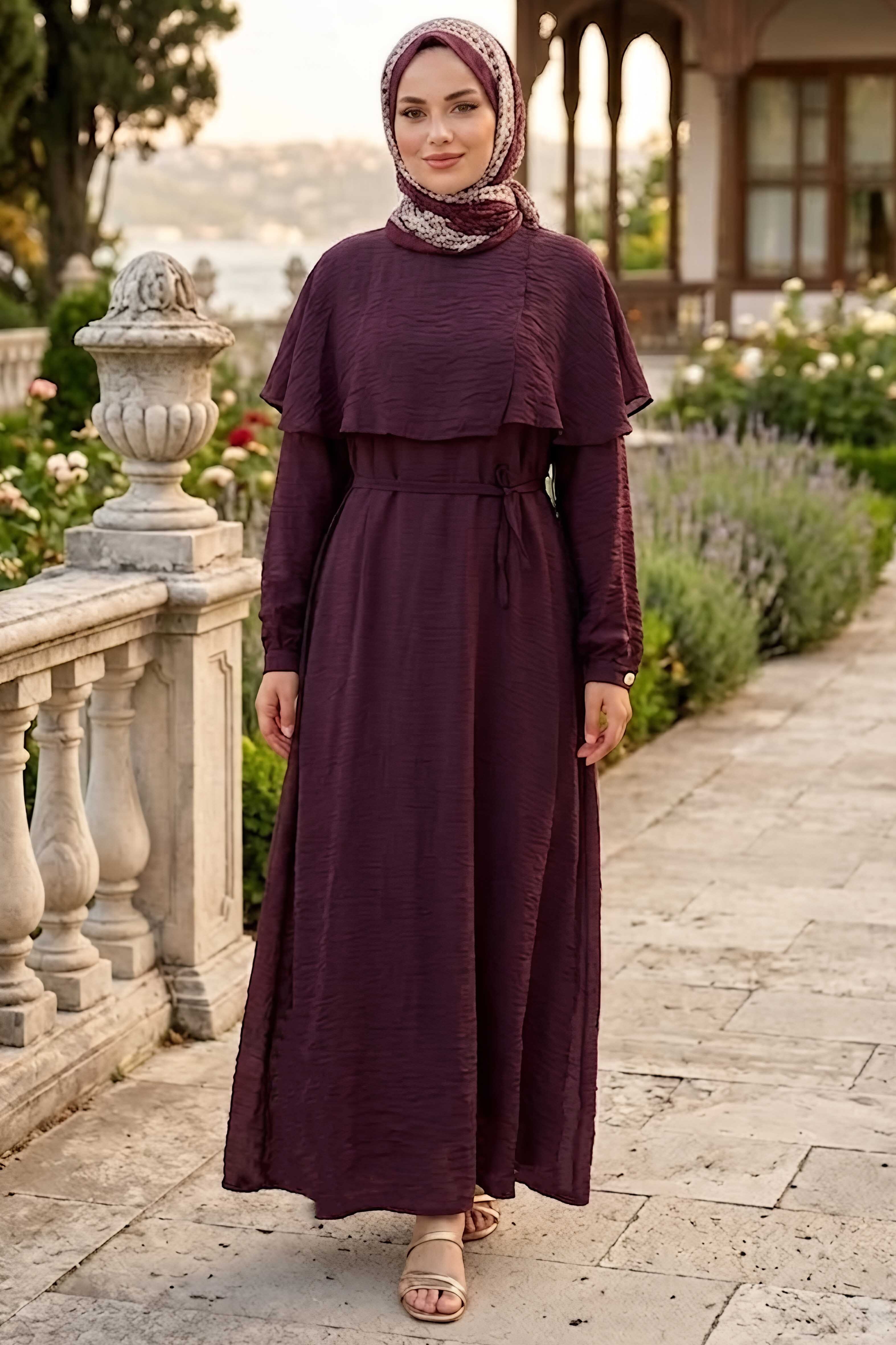 Omzu Pelerinli Elbise Mürdüm - 28525-MURDUM - 2