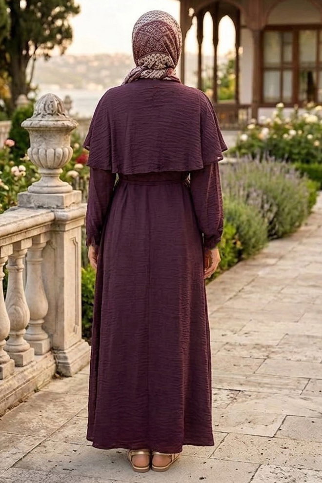 Omzu Pelerinli Elbise Mürdüm - 28525-MURDUM - 3