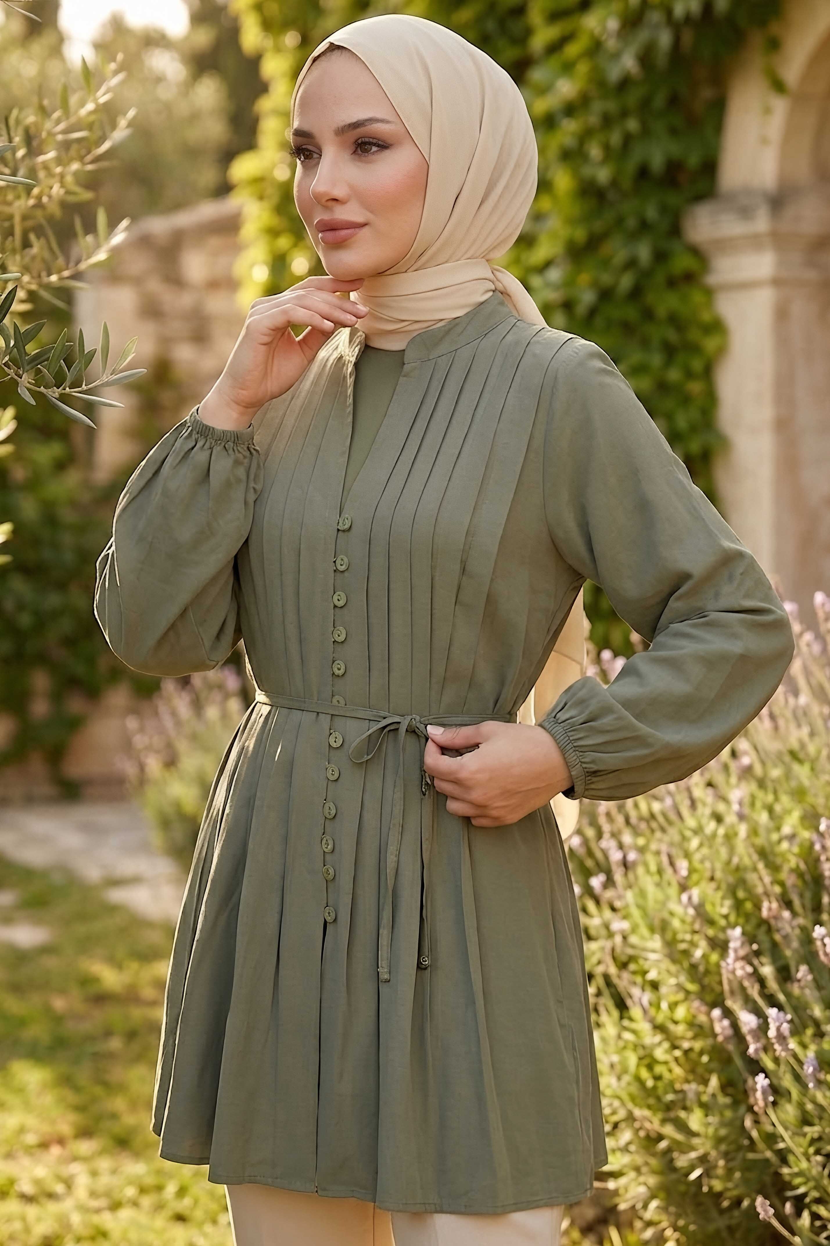 Omzu Pileli Tunik Haki - 28527-HAKI - 1