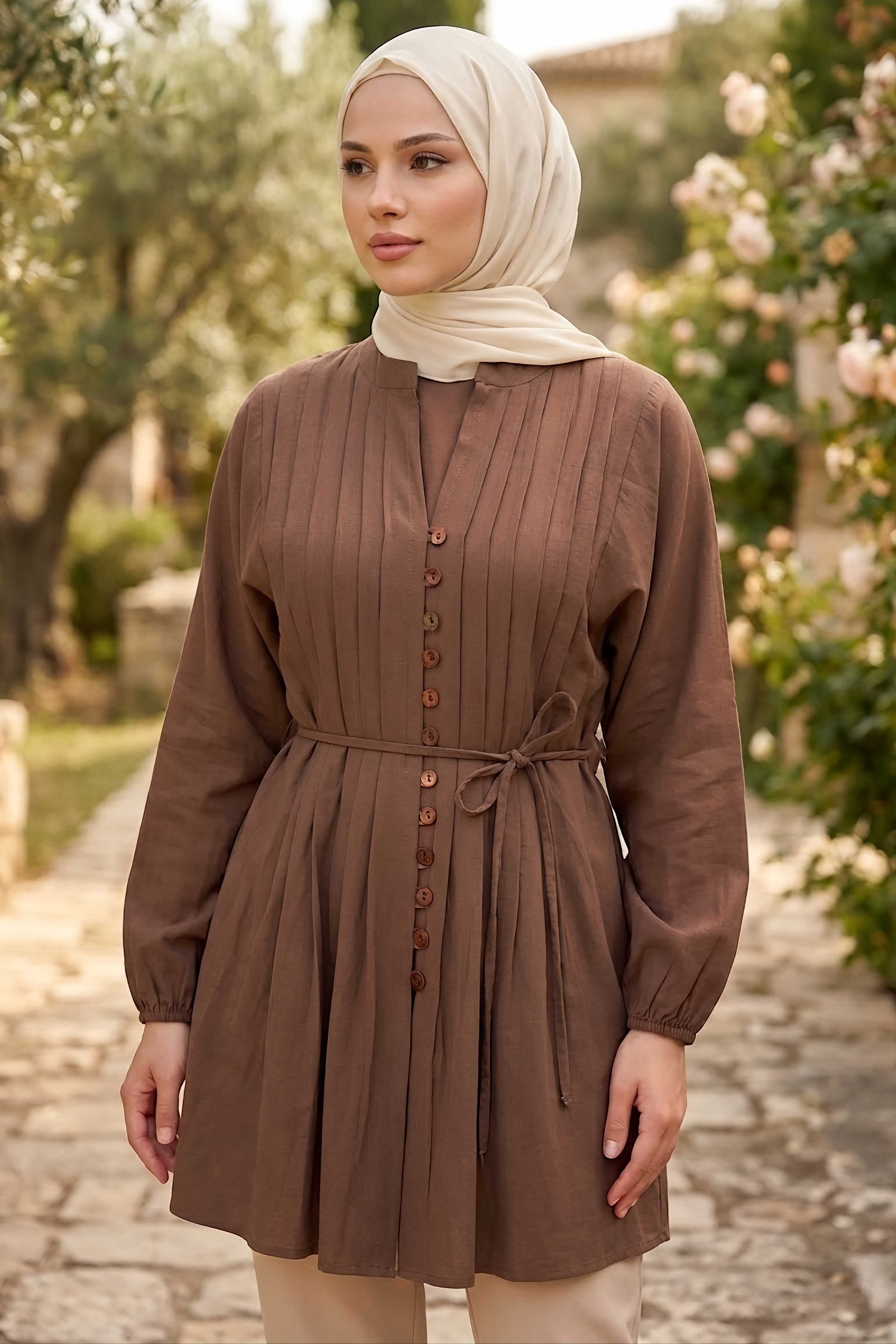 Omzu Pileli Tunik Kahve - 28527-KAHVE - 1