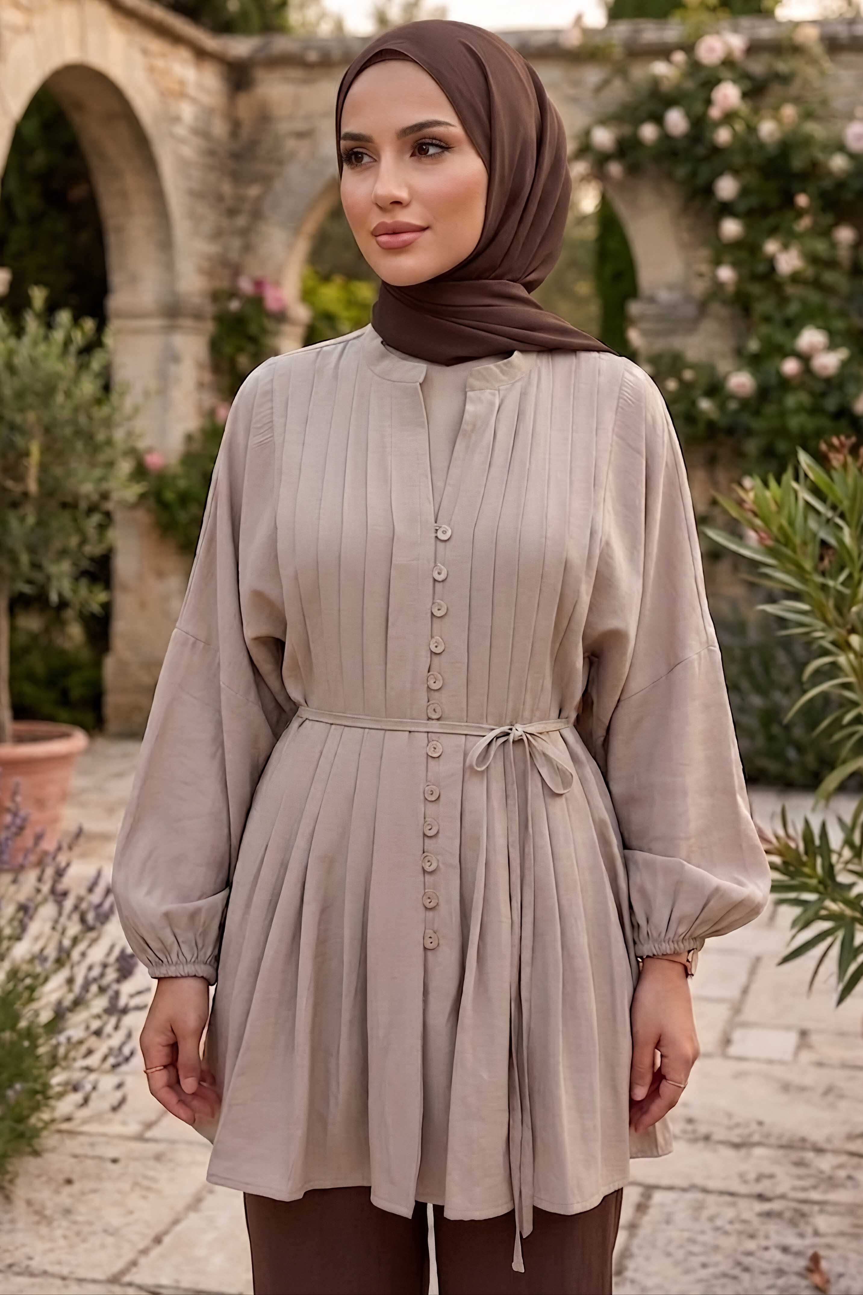 Omzu Pileli Tunik Krem - 28527-KREM - 2