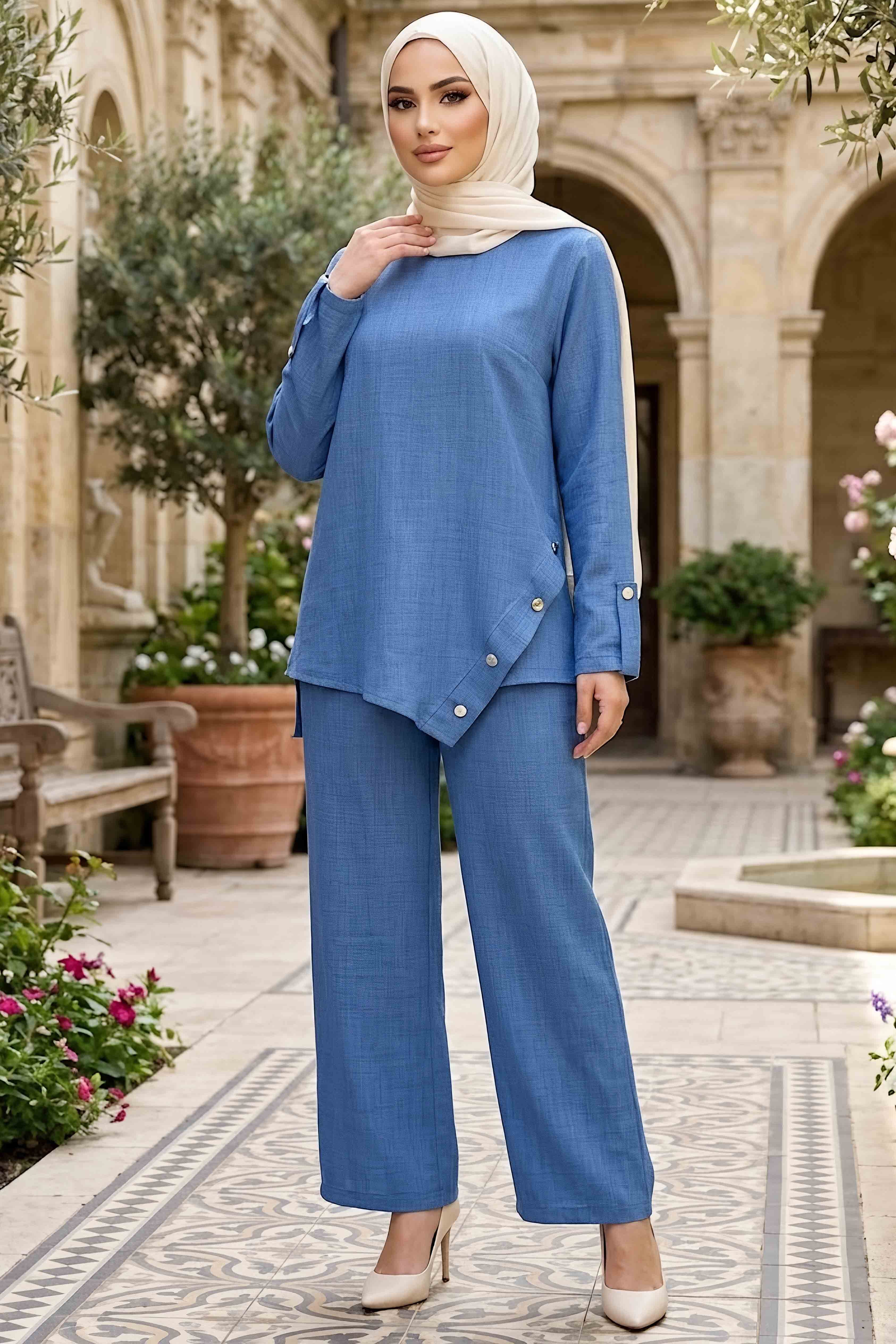 Ön Düğme Detaylı İkili Takım Indigo - 1343-INDIGO - 1