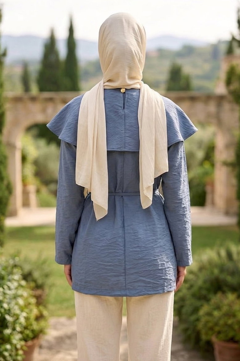 Ön ve Arka Pelerinli Tunik Indigo - 28771-INDIGO - 3