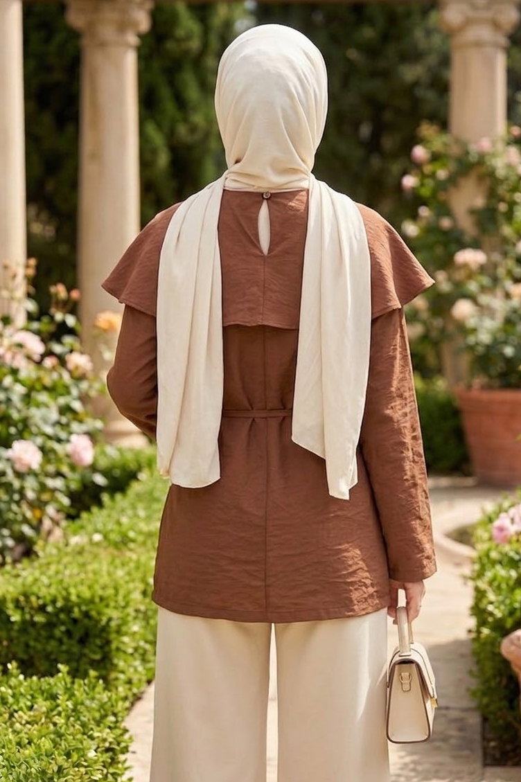 Ön ve Arka Pelerinli Tunik Kahve - 28771-KAHVE - 3