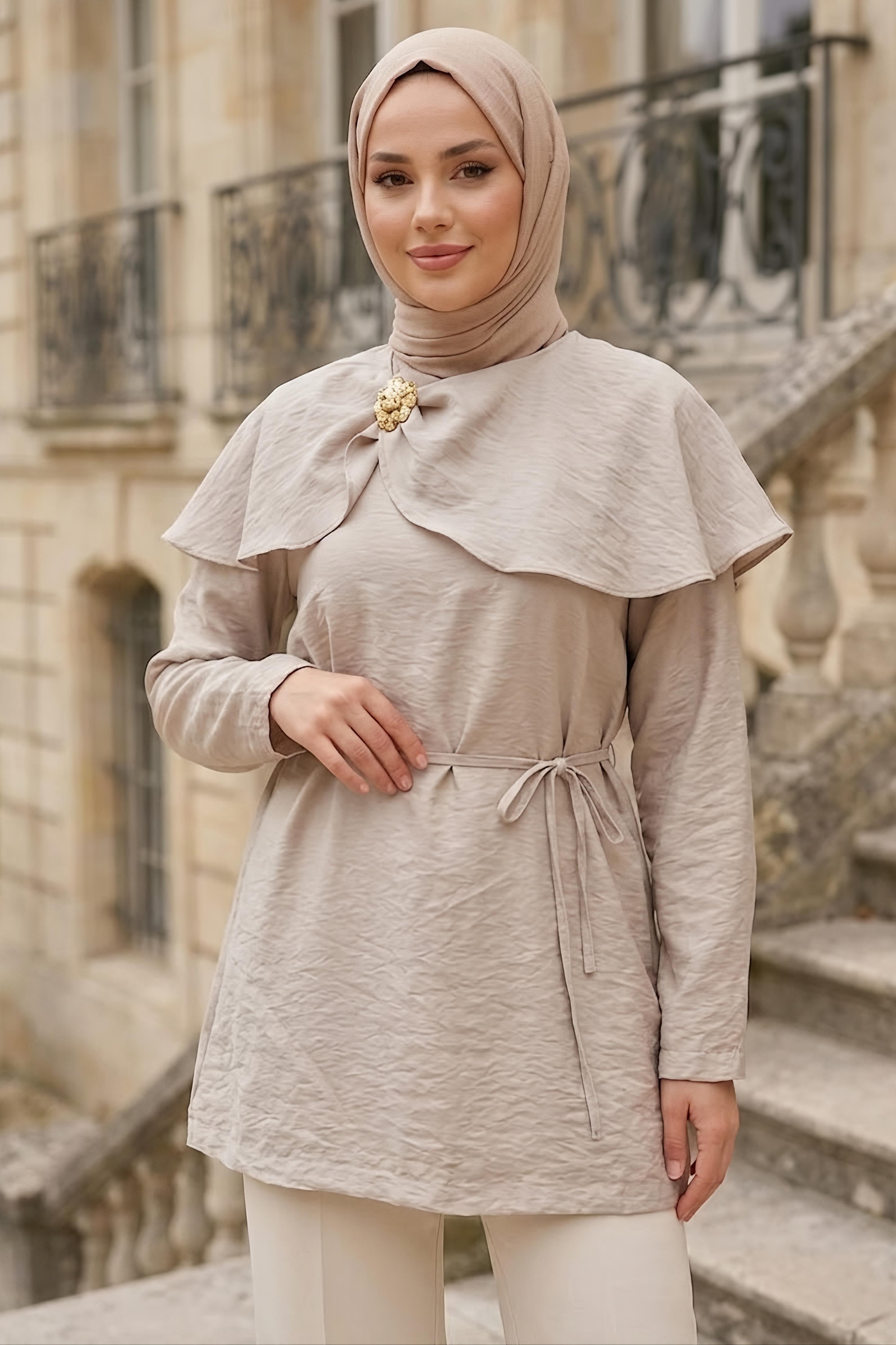 Ön ve Arka Pelerinli Tunik Krem - 28771-KREM - 2