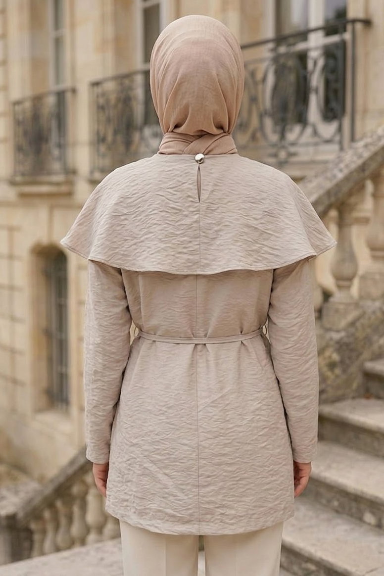 Ön ve Arka Pelerinli Tunik Krem - 28771-KREM - 3