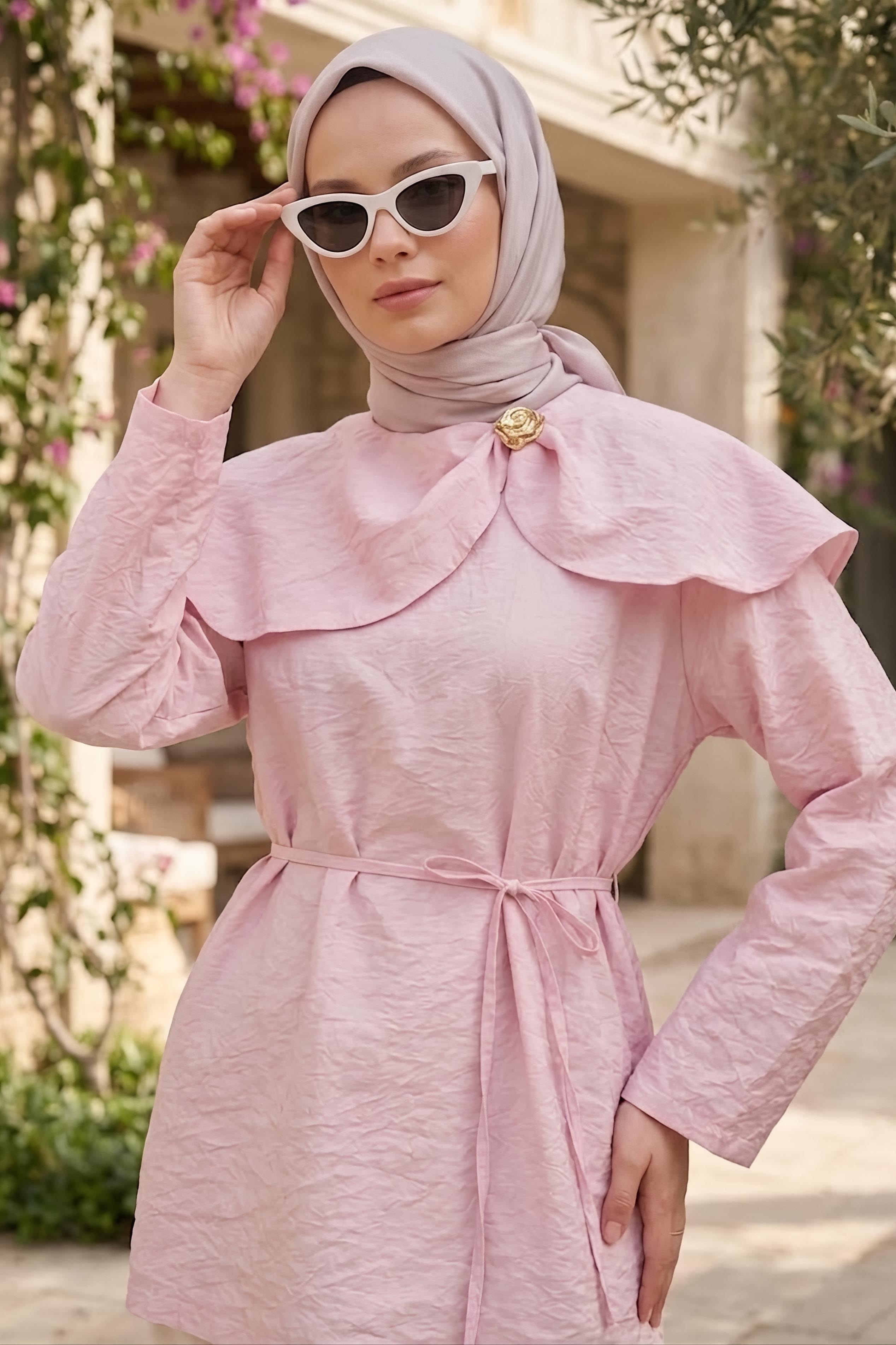 Ön ve Arka Pelerinli Tunik Pembe - 28771-PEMBE - 1