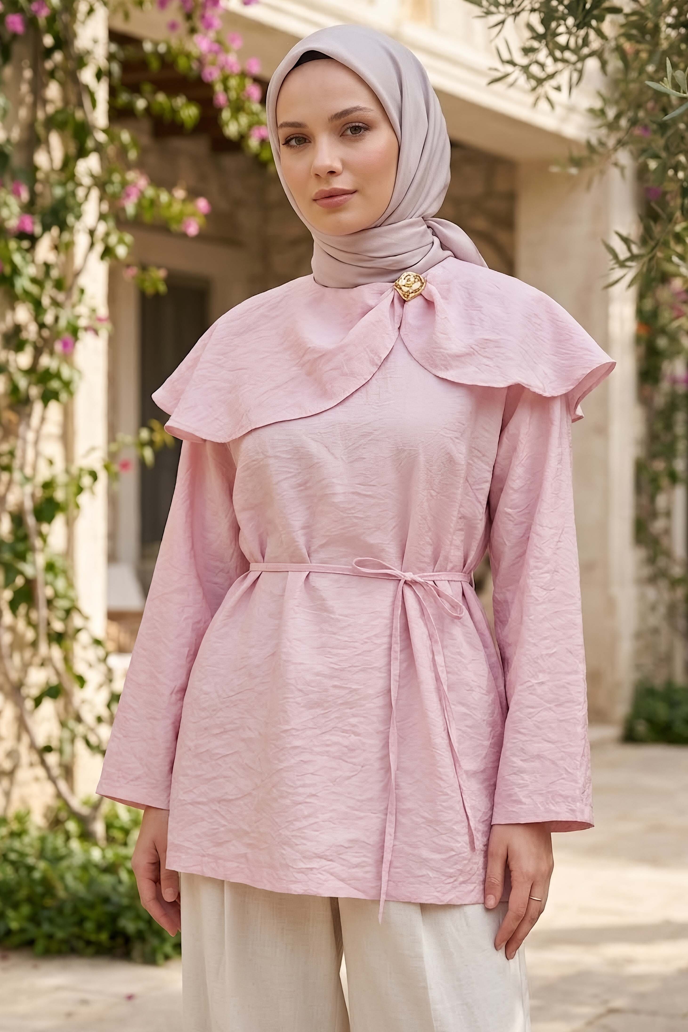 Ön ve Arka Pelerinli Tunik Pembe - 28771-PEMBE - 2