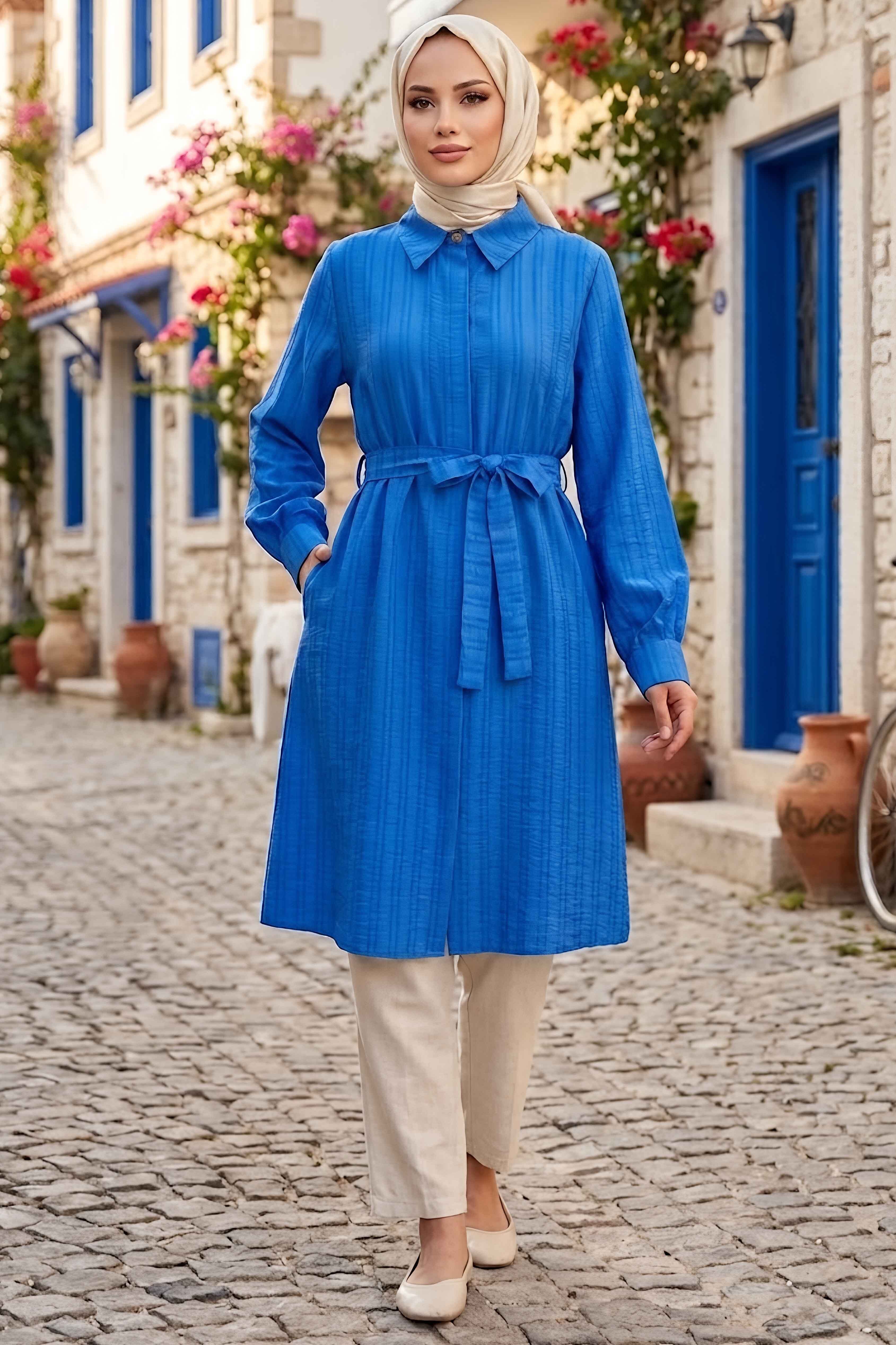 Önde Bağcık Detaylı Tunik Saks - 28831-SAKS - 1